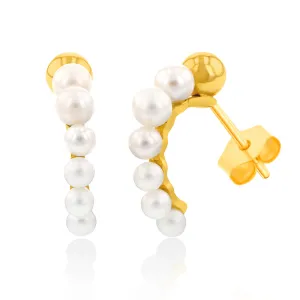 9ct Yellow Gold Fresh Water Pearls On Half Hoop Stud Earrings