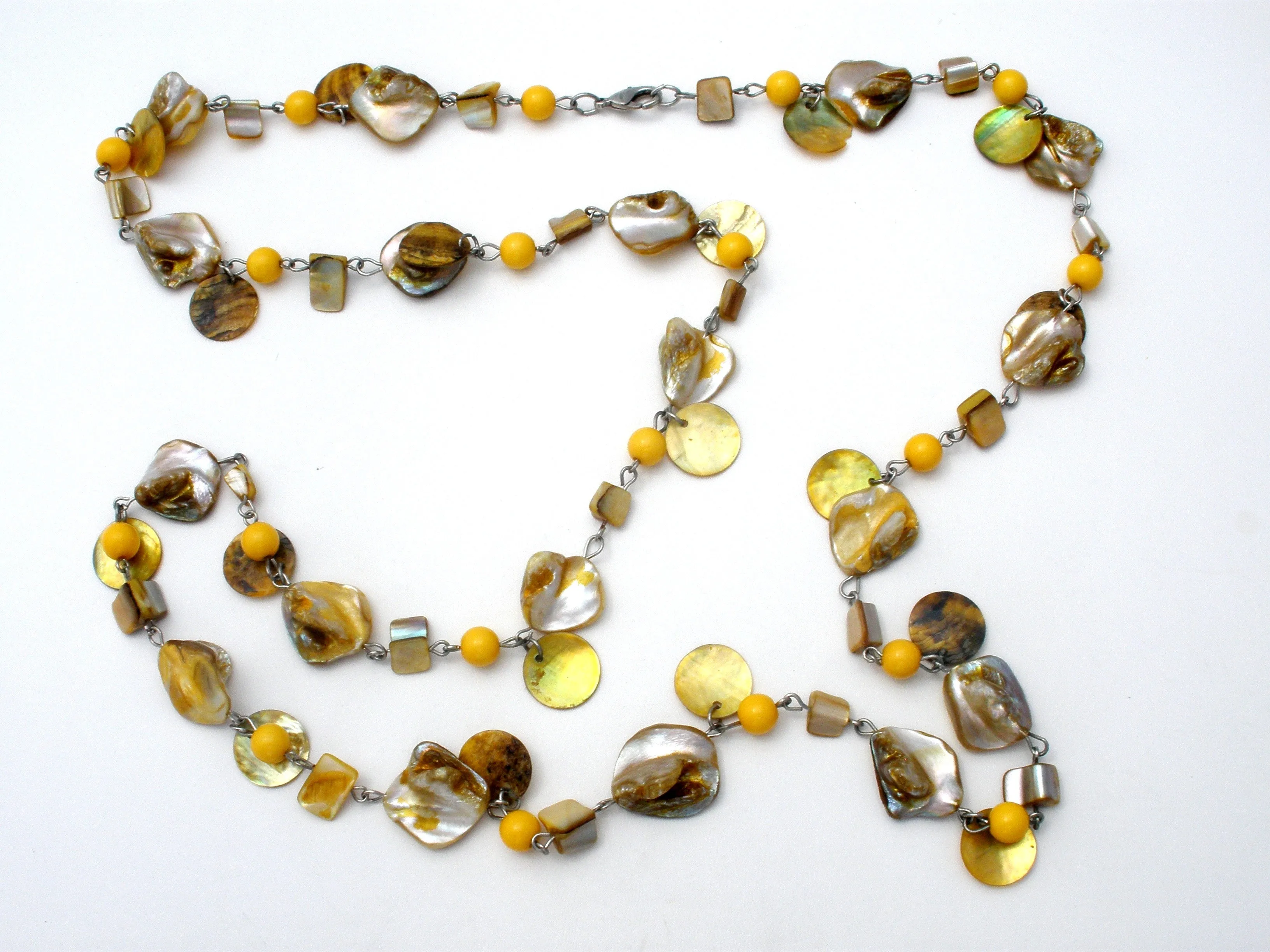 Abalone Seashell and Yellow Bead Necklace 42"