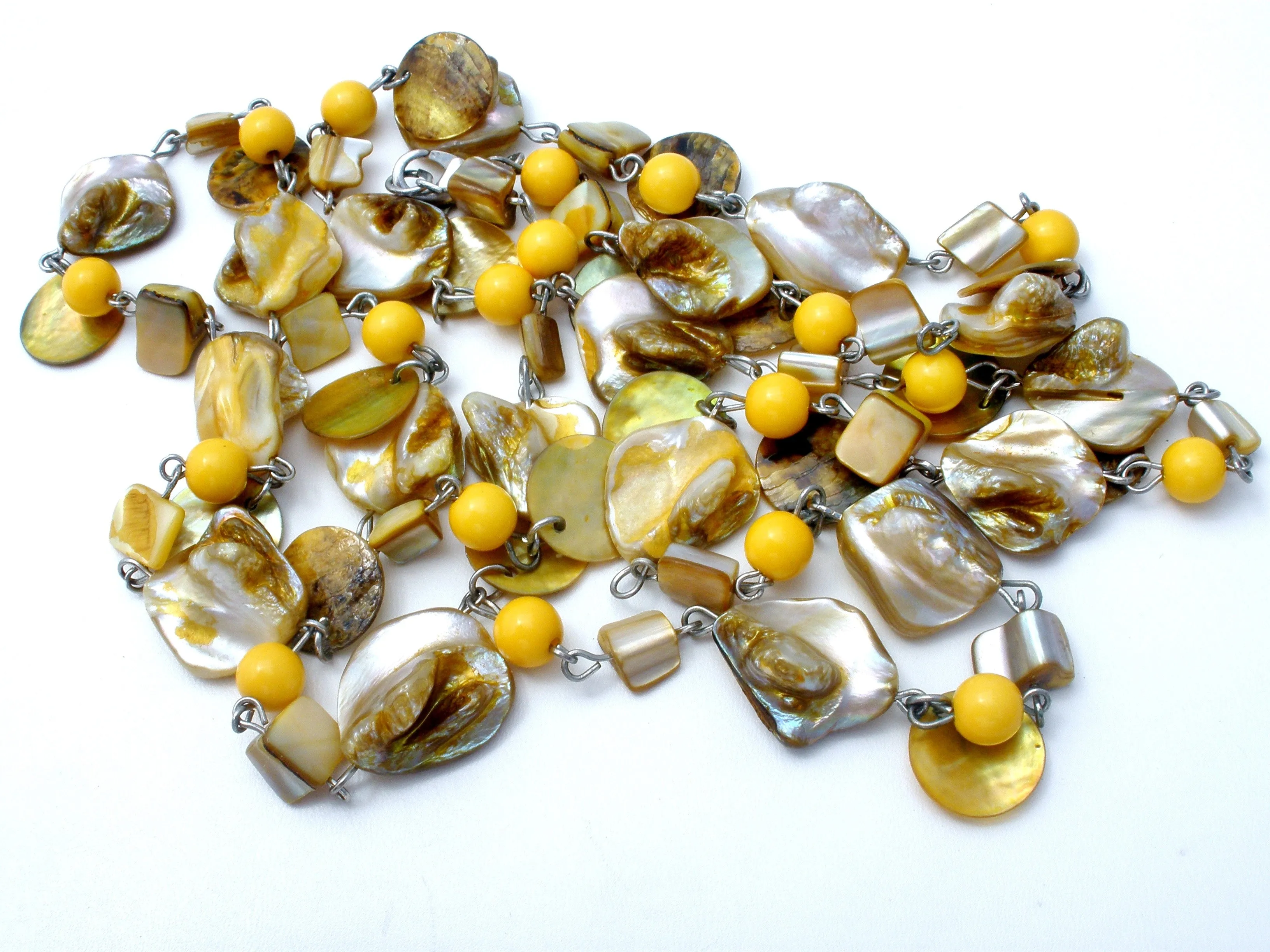 Abalone Seashell and Yellow Bead Necklace 42"