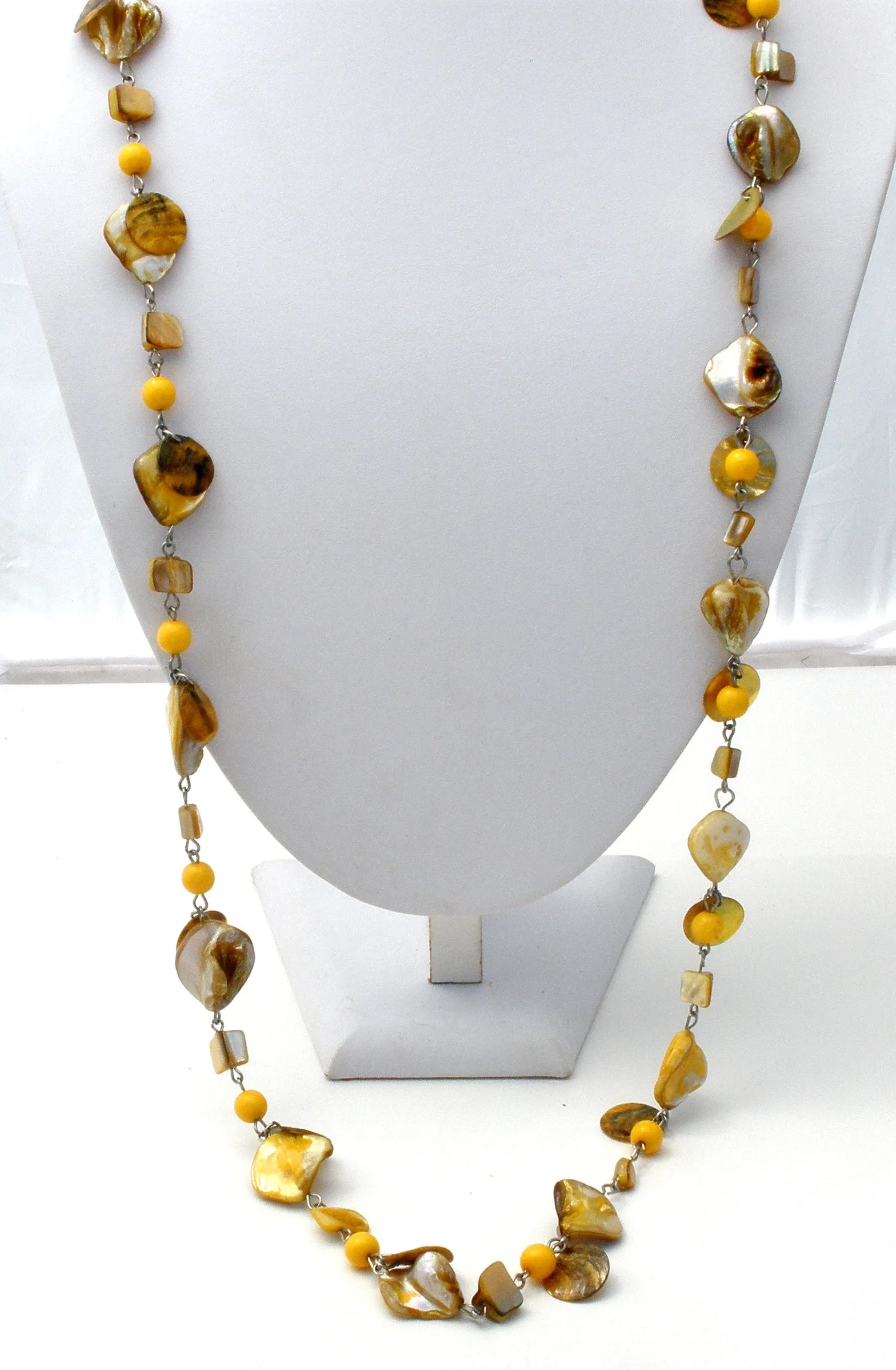 Abalone Seashell and Yellow Bead Necklace 42"