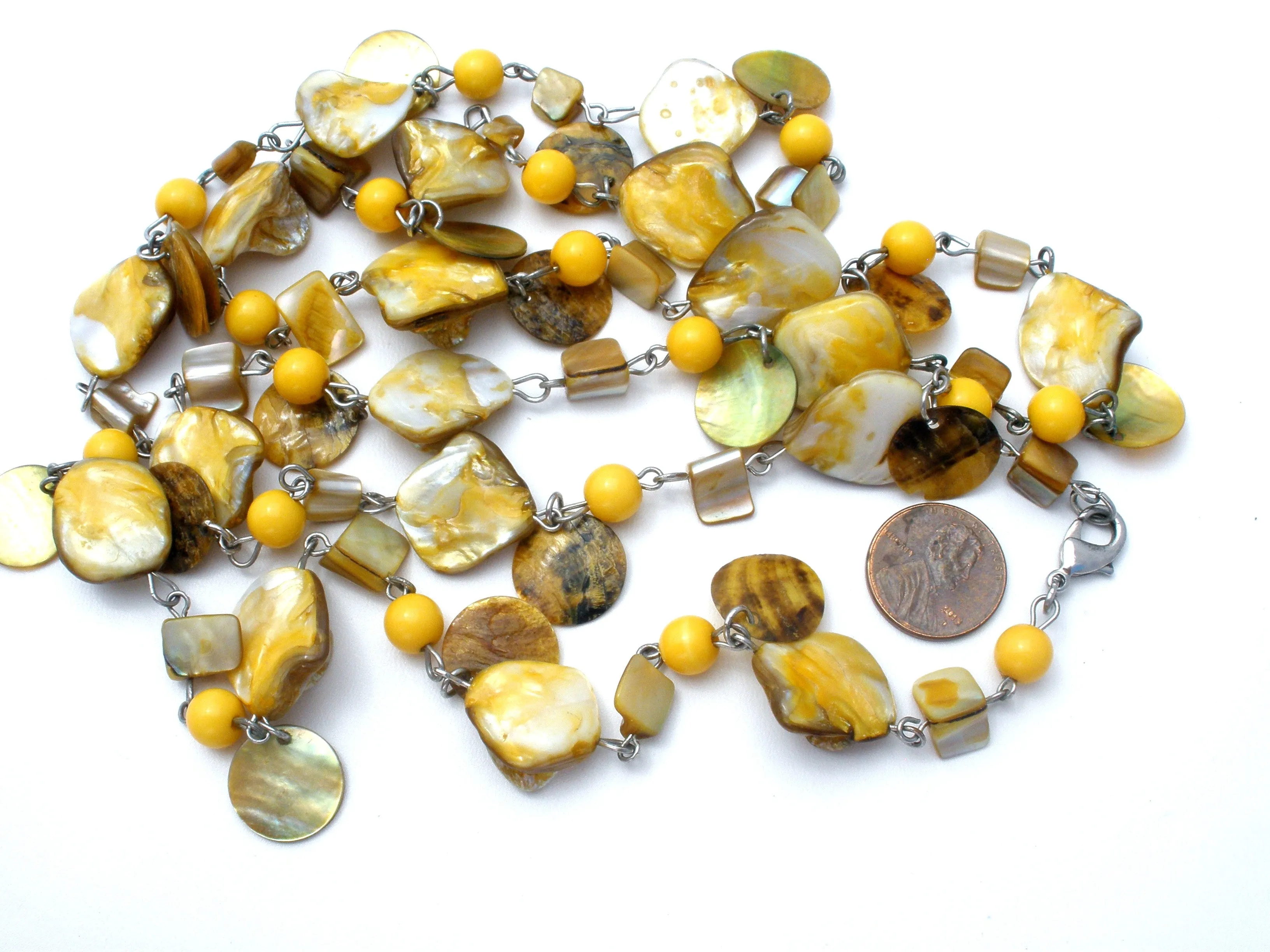 Abalone Seashell and Yellow Bead Necklace 42"