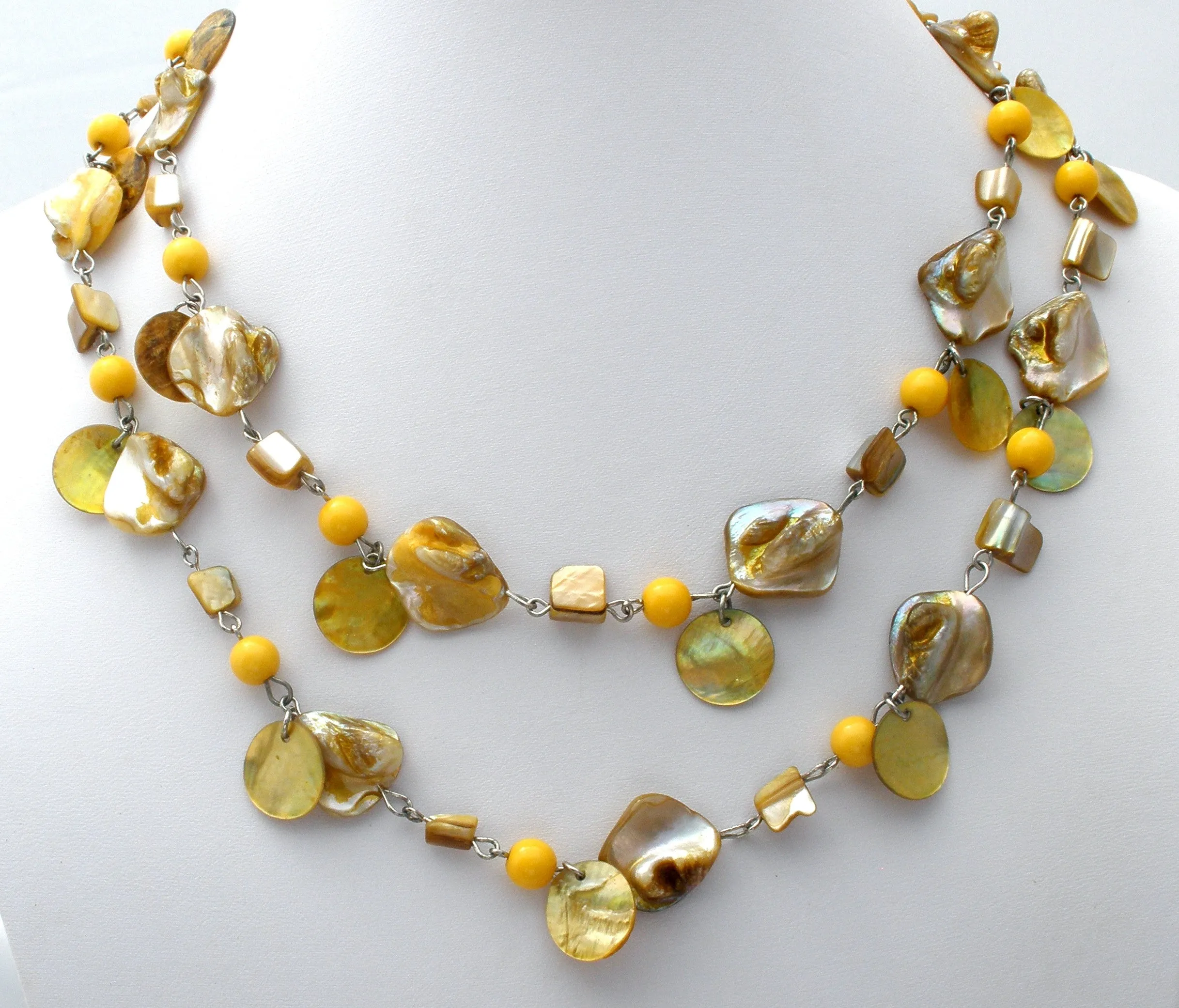 Abalone Seashell and Yellow Bead Necklace 42"