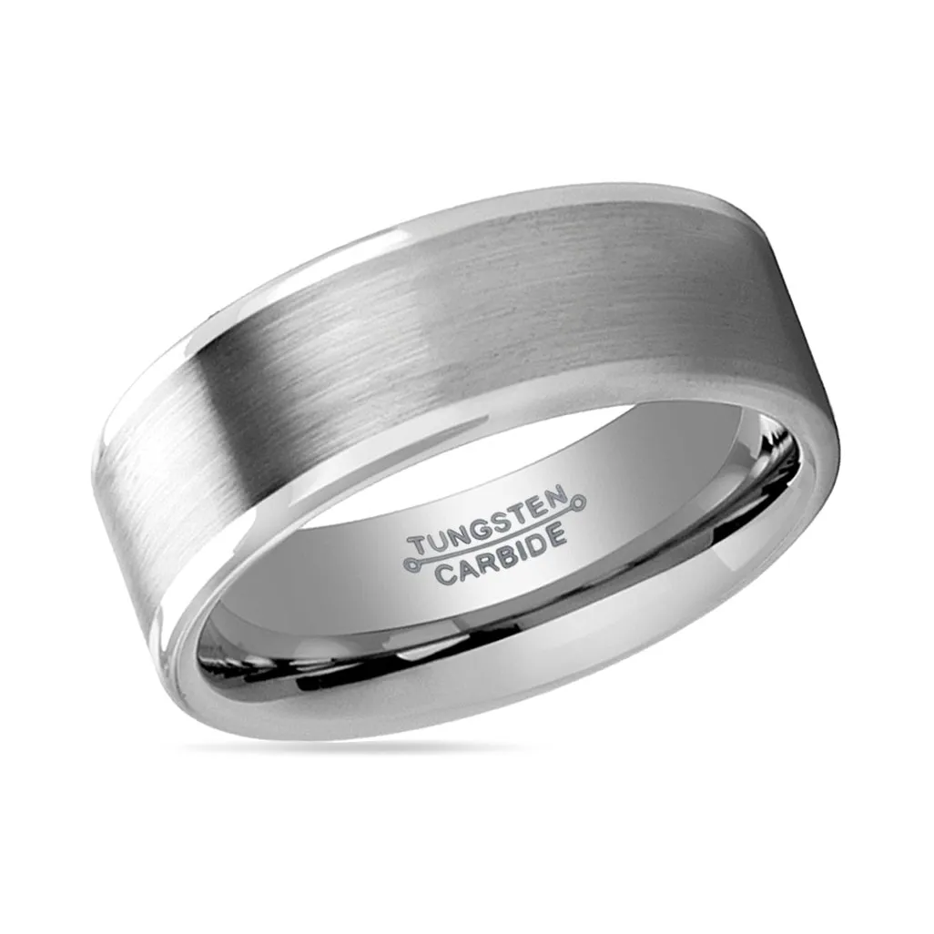 AIRES | Silver Tungsten Ring, Brushed Finish Center, Flat