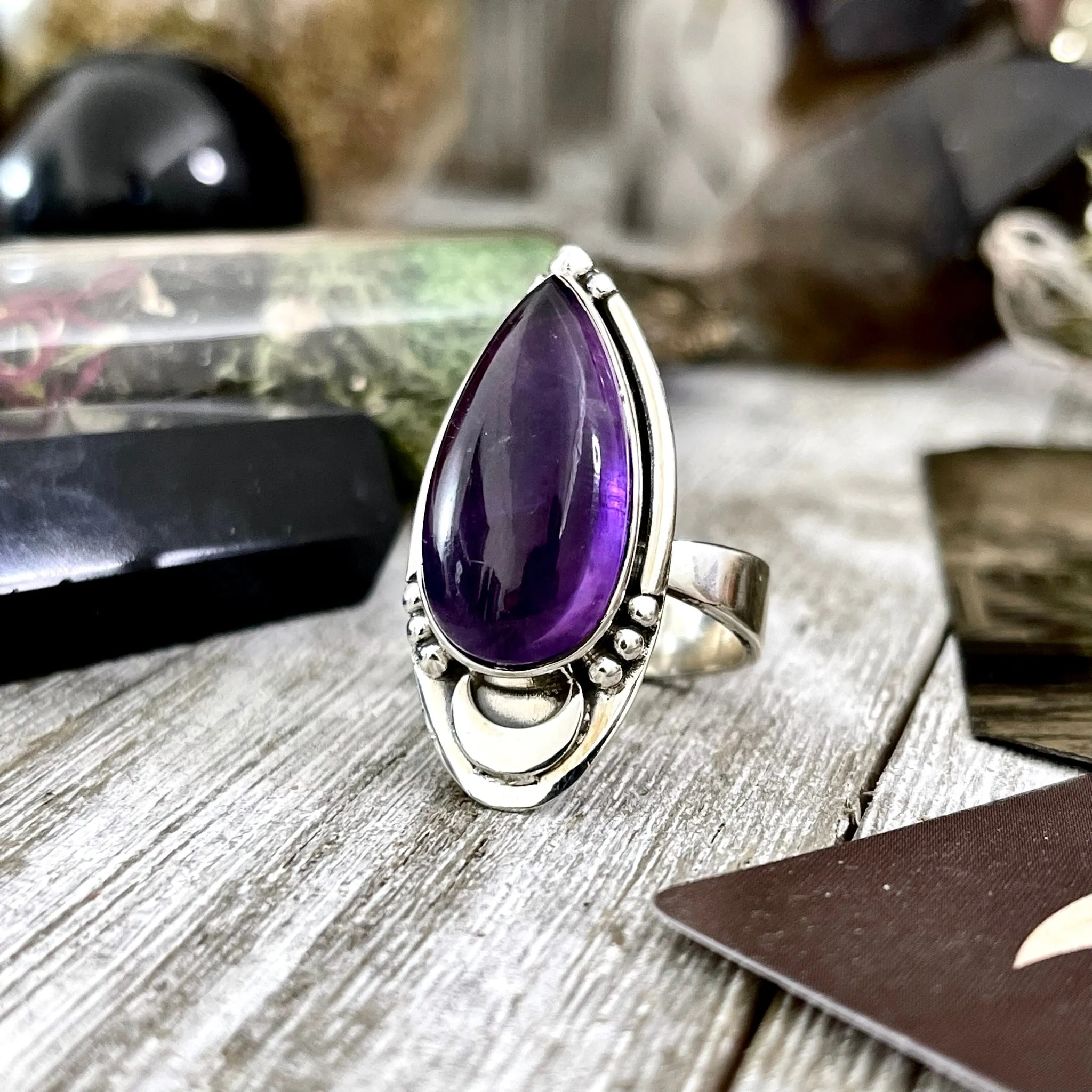 Amethyst Ring in Sterling Silver Midnight Moon Purple Crystal Ring - Designed by FOXLARK Adjustable to Size 6 7 8 9