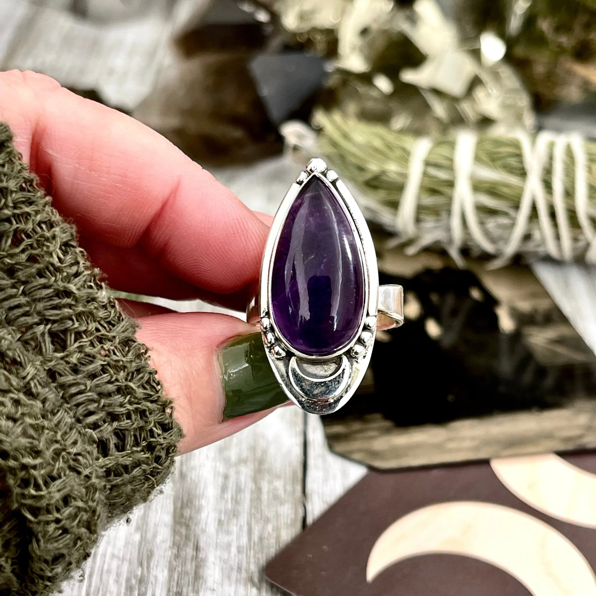 Amethyst Ring in Sterling Silver Midnight Moon Purple Crystal Ring - Designed by FOXLARK Adjustable to Size 6 7 8 9