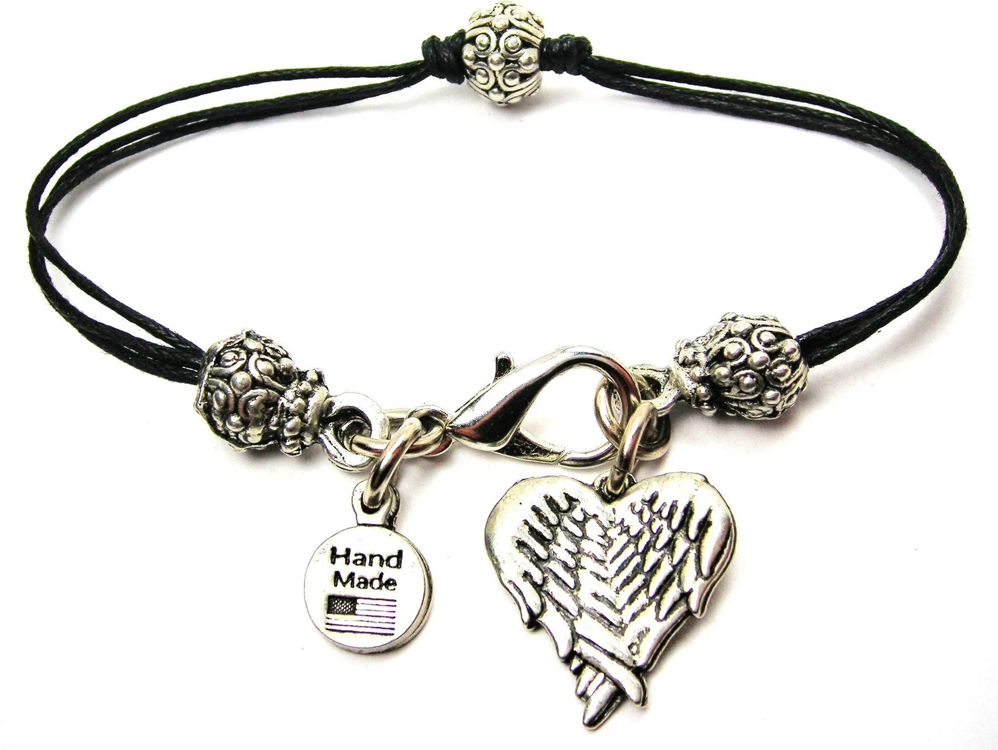 Angel Wings Folded Into A Heart Shape Beaded Black Cord Bracelet