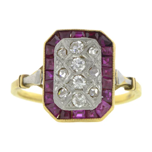 Antique Rectangular Ruby Diamond Cluster Ring