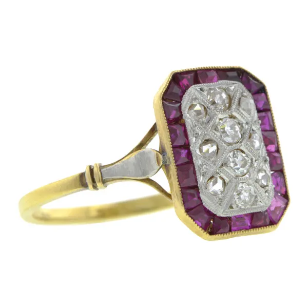 Antique Rectangular Ruby Diamond Cluster Ring