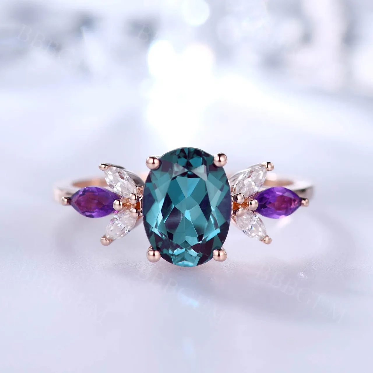 Art Deco 1.5CT Oval Cut Alexandrite Engagement Ring Marquise Moissanite Amethyst Accent Stones