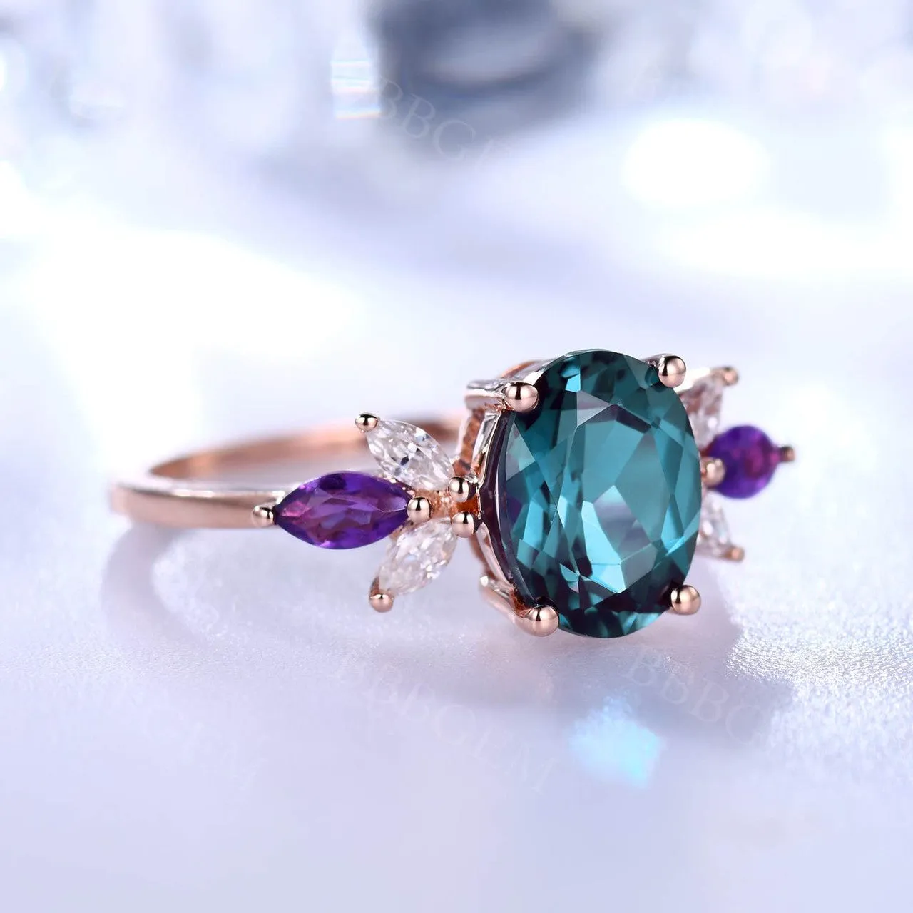 Art Deco 1.5CT Oval Cut Alexandrite Engagement Ring Marquise Moissanite Amethyst Accent Stones