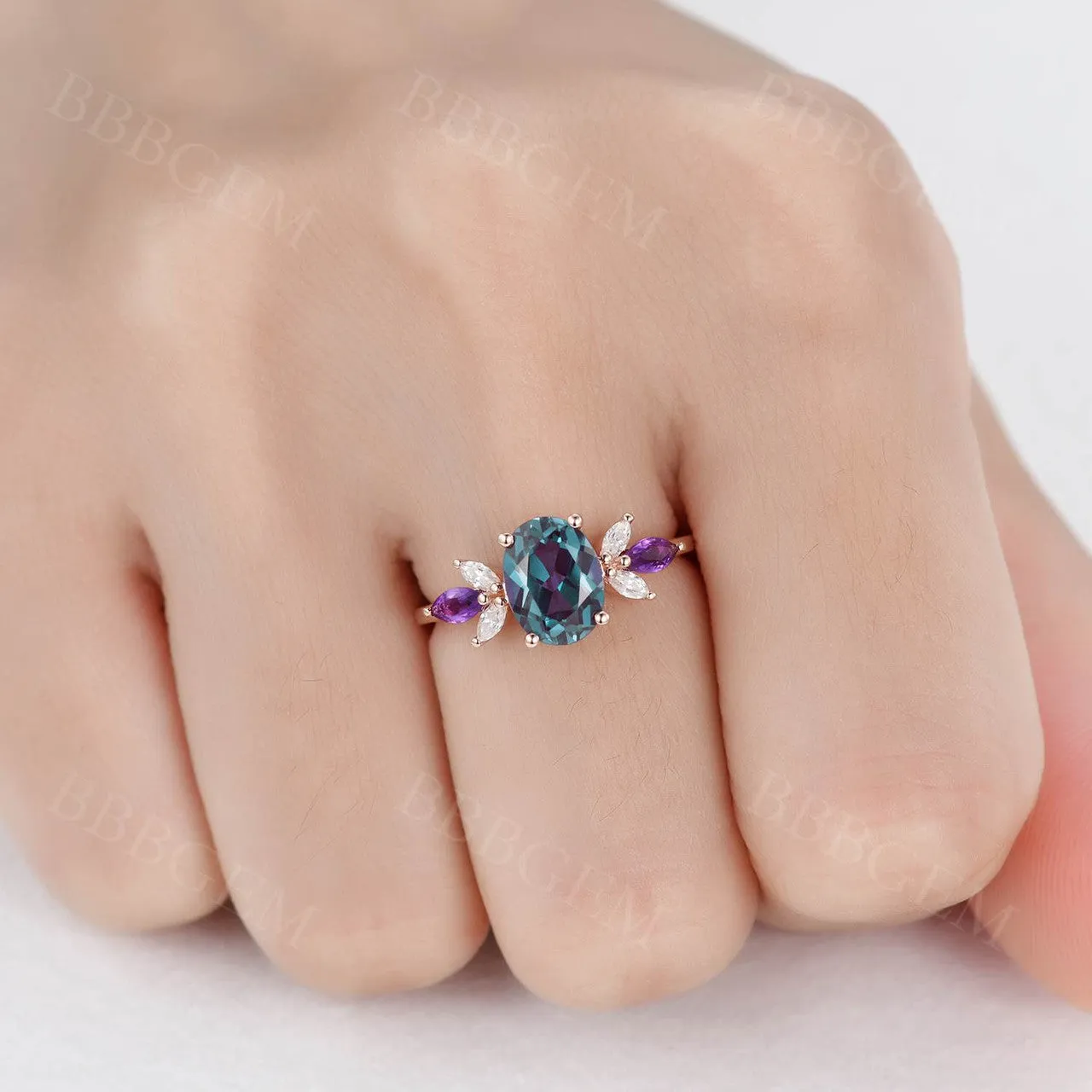 Art Deco 1.5CT Oval Cut Alexandrite Engagement Ring Marquise Moissanite Amethyst Accent Stones