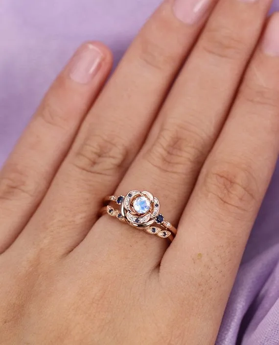 Art deco Milgrain Flower Moonstone Engagement Ring Set-HRa008