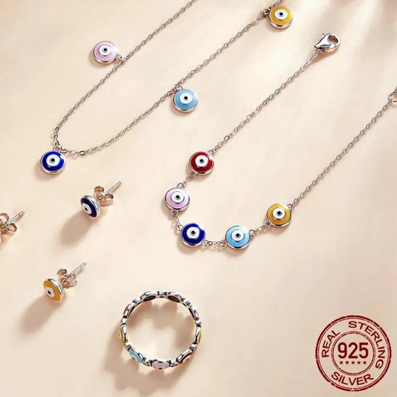 Authentic 925 Sterling Silver Colorful Guardian Eye Necklace Multiple Devil Eyes Neck Chain for Women Fine Jewelry