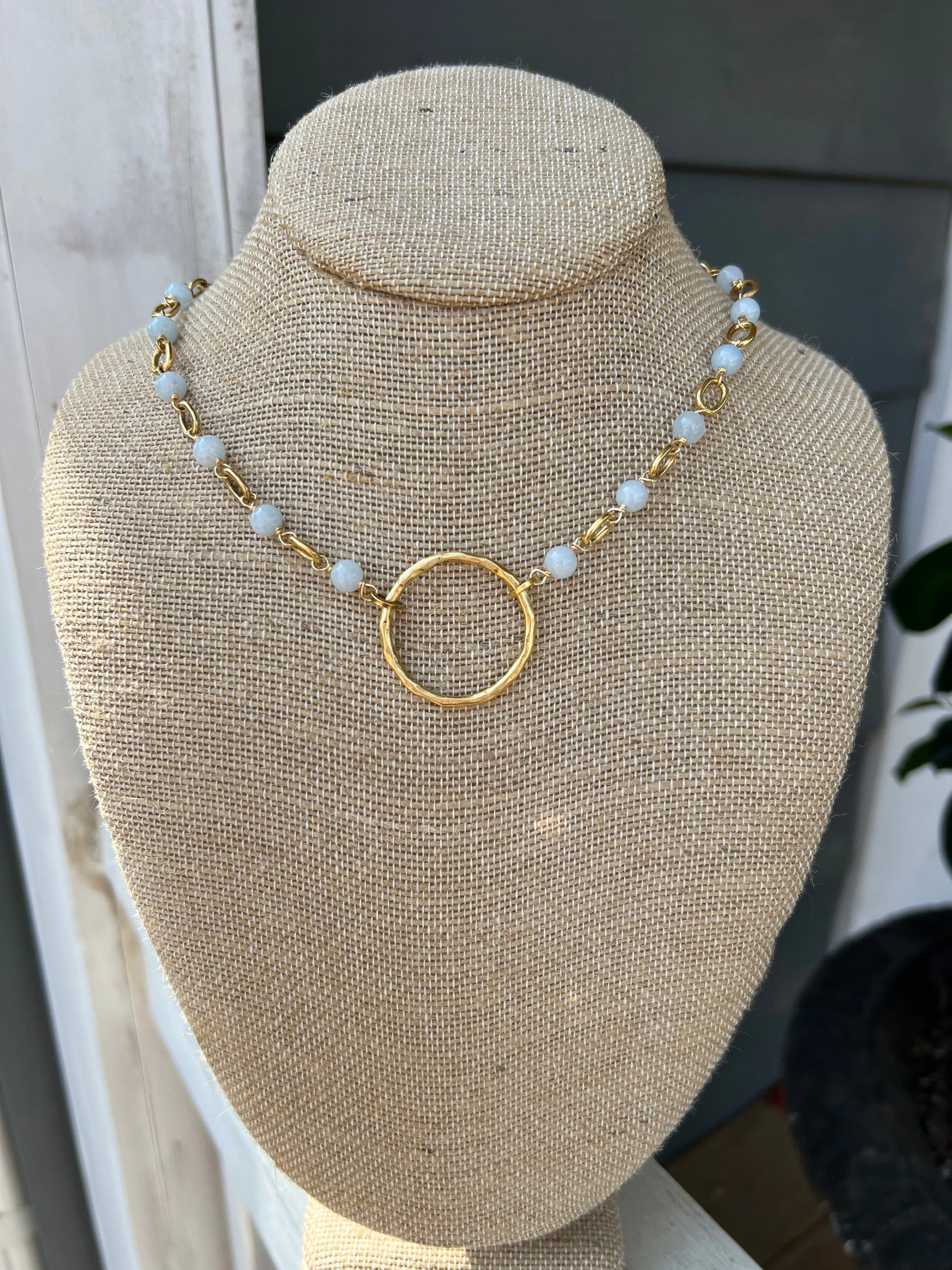 Beaded Necklace with Hammered Circle Pendant