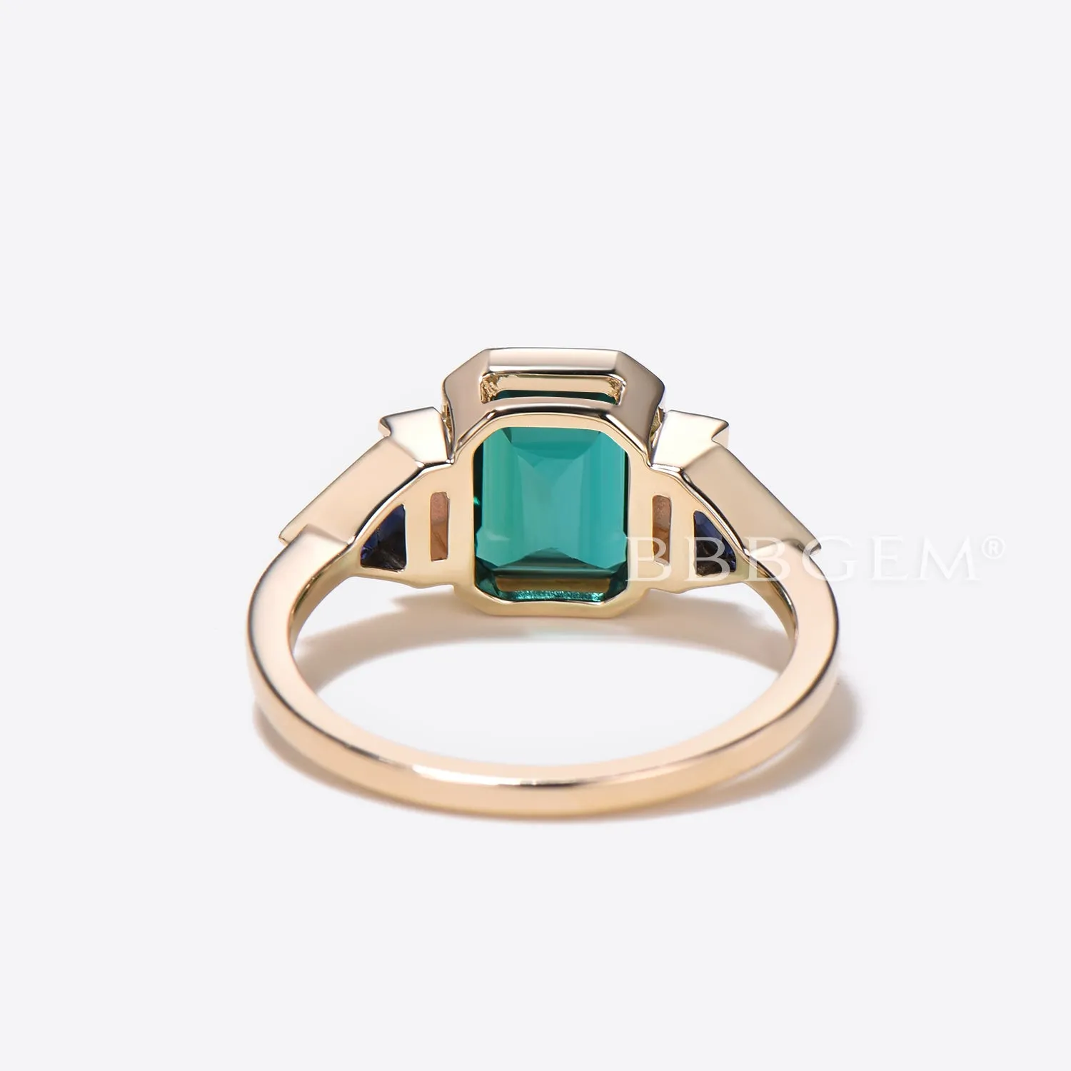 Bezel Set Emerald Cut Emerald Engagement Ring 5 Stone Opal Sapphire Ring