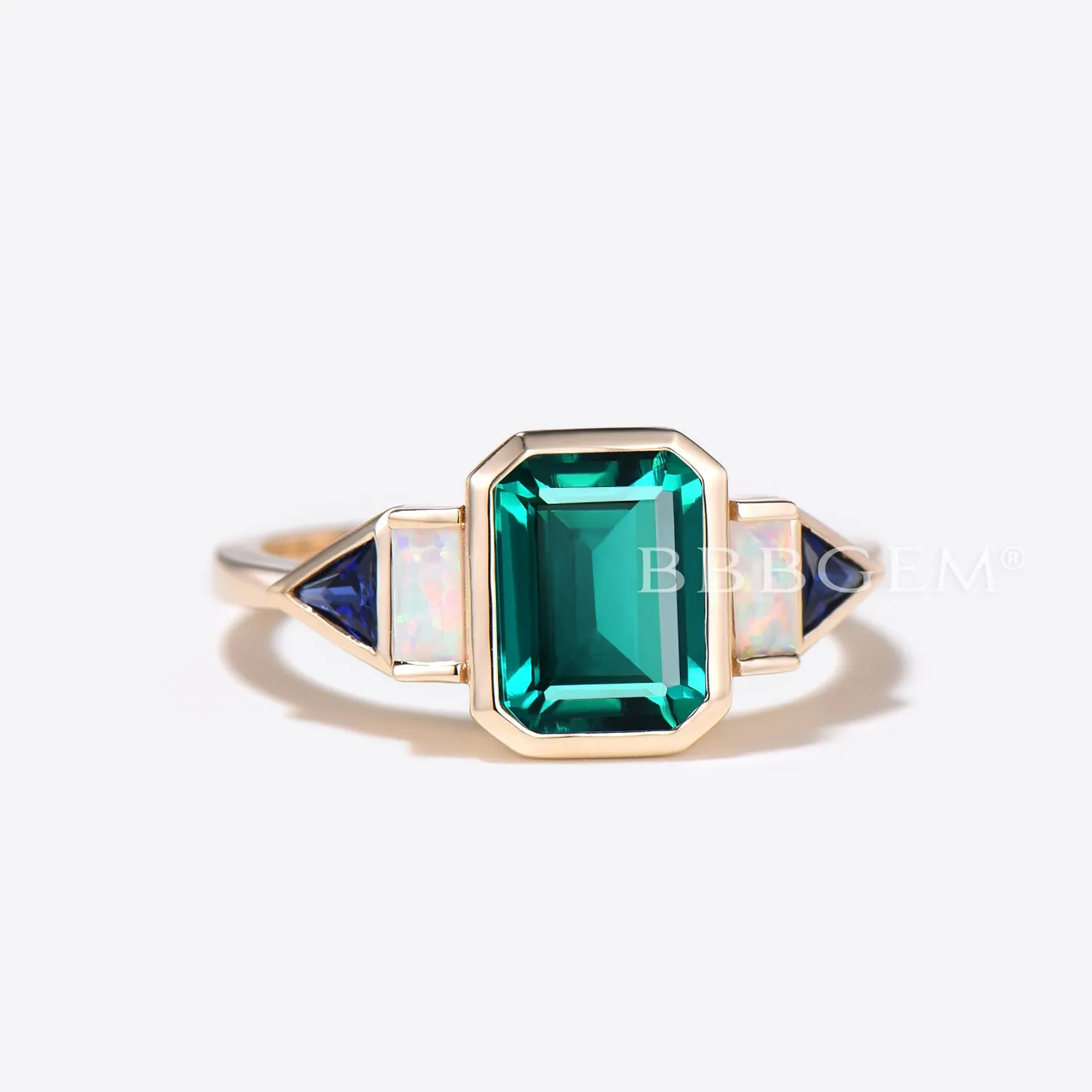 Bezel Set Emerald Cut Emerald Engagement Ring 5 Stone Opal Sapphire Ring