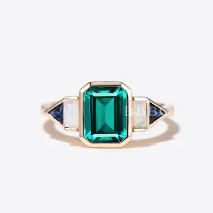 Bezel Set Emerald Cut Emerald Engagement Ring 5 Stone Opal Sapphire Ring