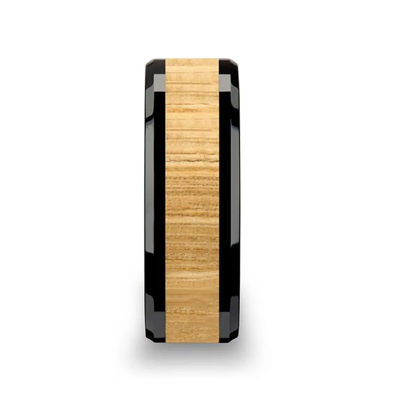 BILTMORE | Black Ceramic Ring, Ash Wood Inlay, Beveled