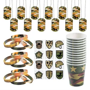 Camouflage Party Favors - Army Camo Paper Cups, Temporary Tattoos, Dog Tag Necklaces, and Camo Bracelets for 12 Guests