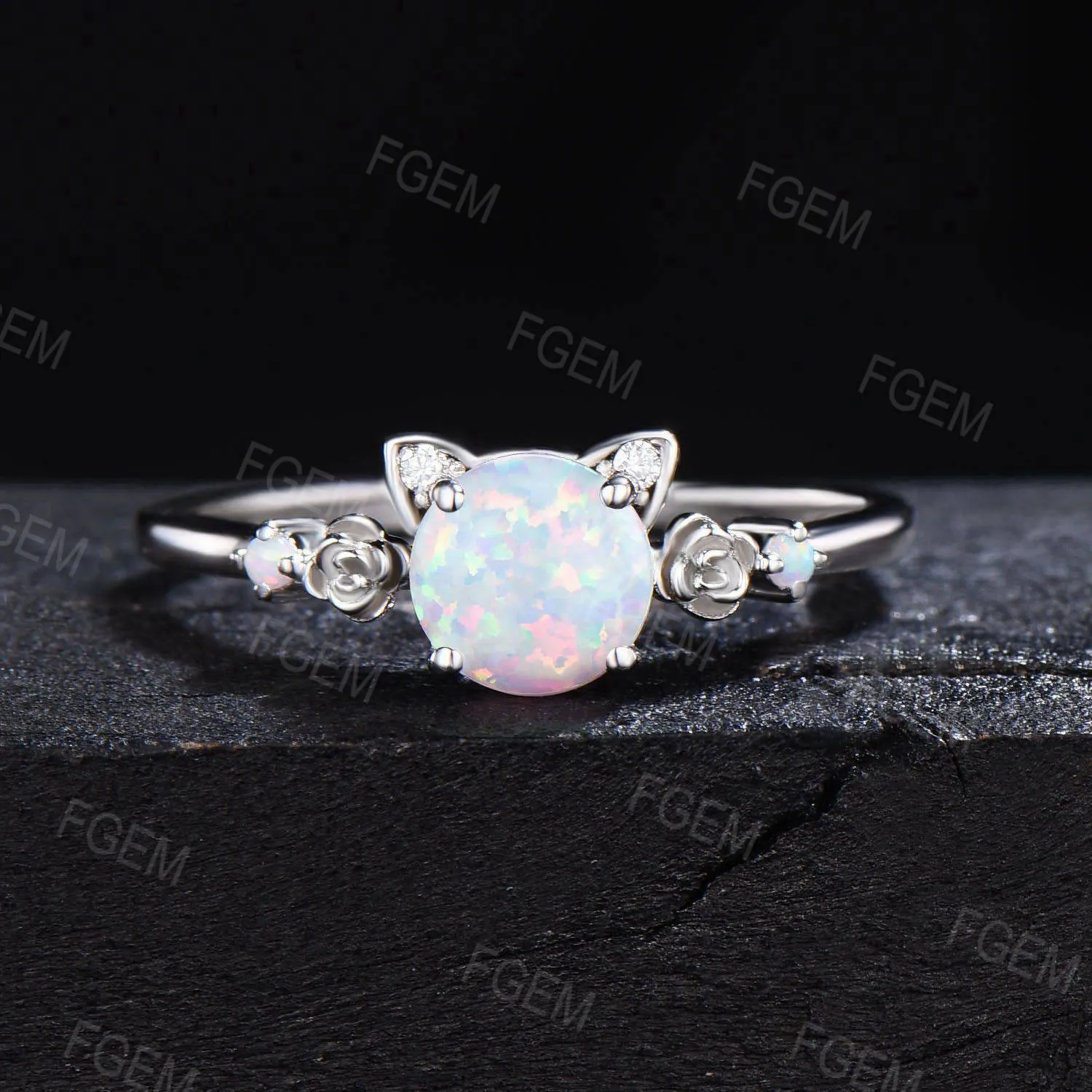 Cat Engagement Ring Rose Flower Round White Opal Ring Set Vintage Moissanite Cluster Bridal Set Unique October Birthstone Gift for Cat Lover