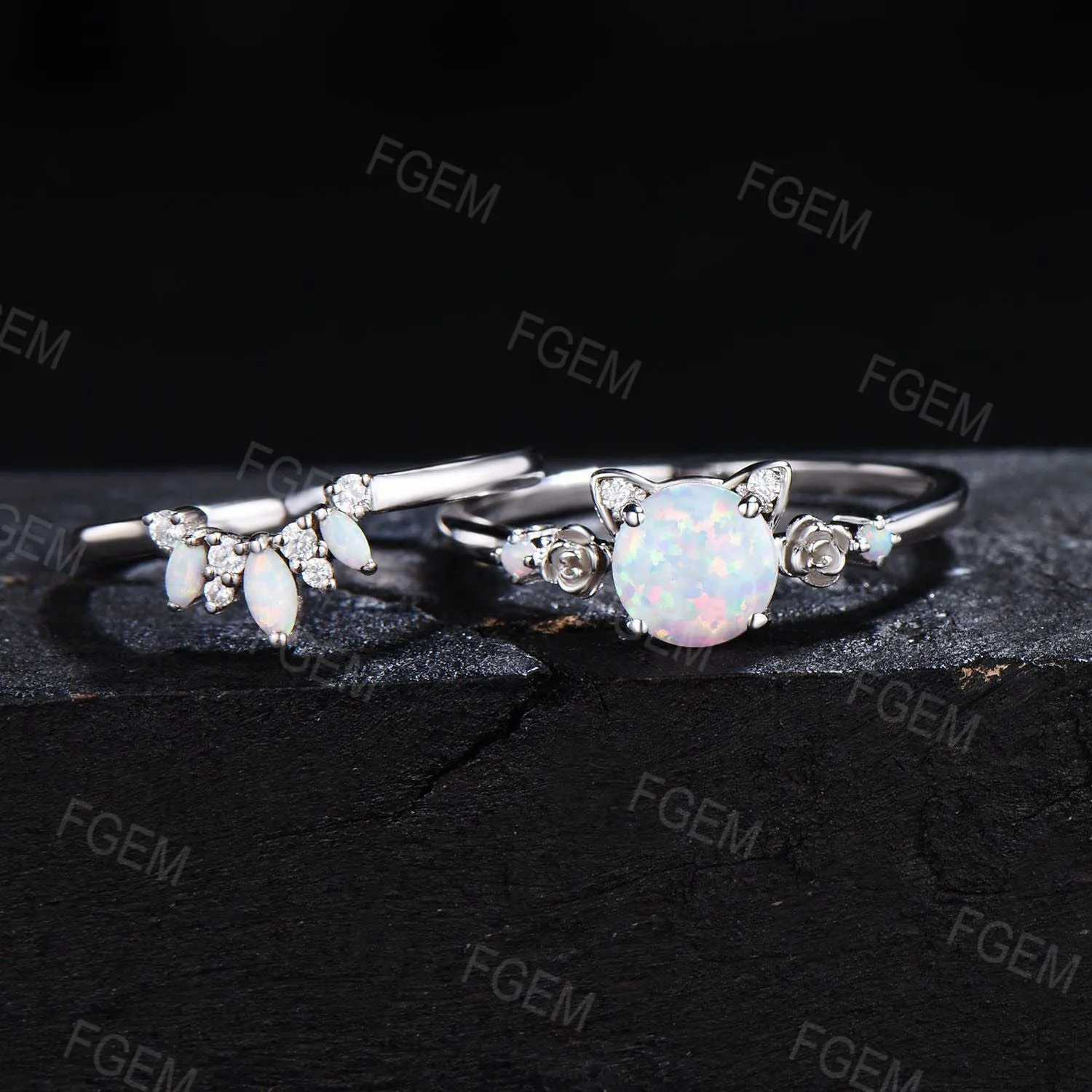 Cat Engagement Ring Rose Flower Round White Opal Ring Set Vintage Moissanite Cluster Bridal Set Unique October Birthstone Gift for Cat Lover