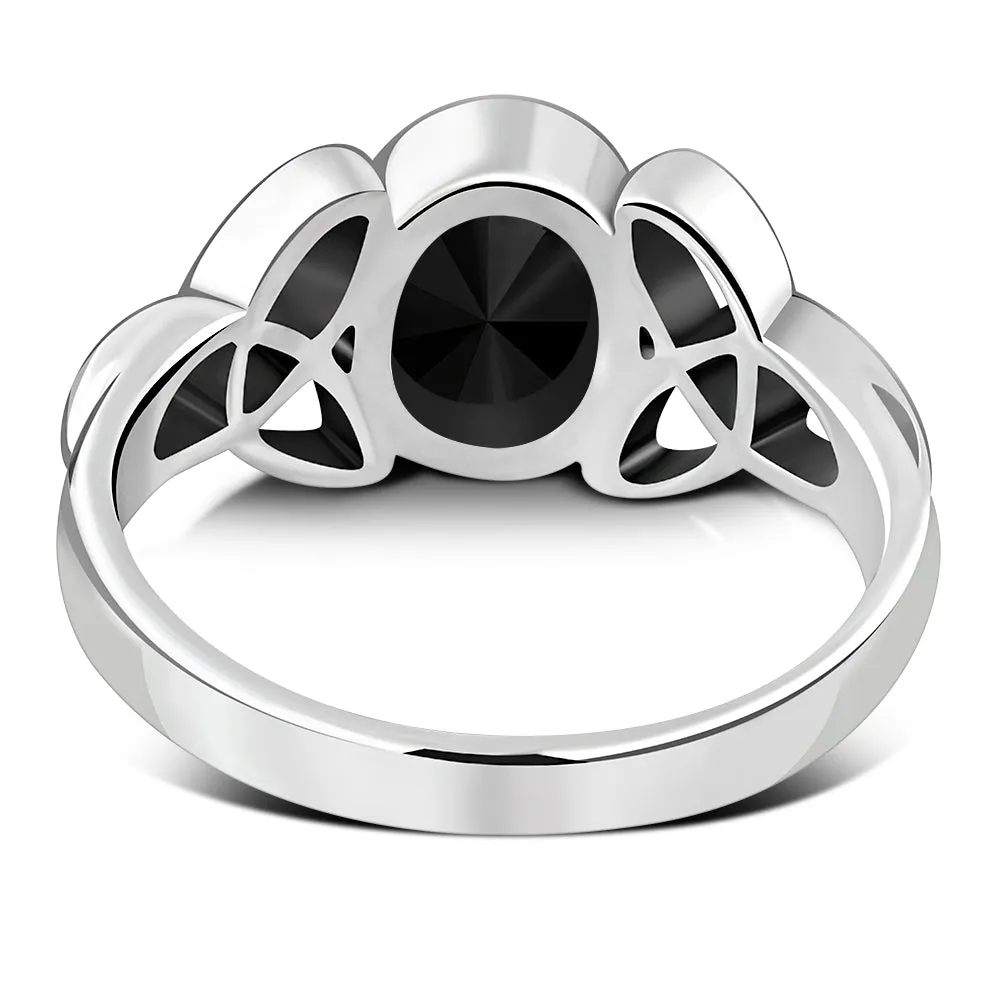 Celtic Trinity Knot Faceted Black Onyx Stone Silver Ring