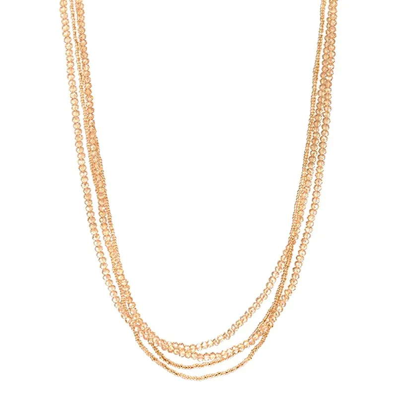 Champagne Gold Long Statement Necklace Multi-Strand Chains with Crystal Beads Charms Pendant