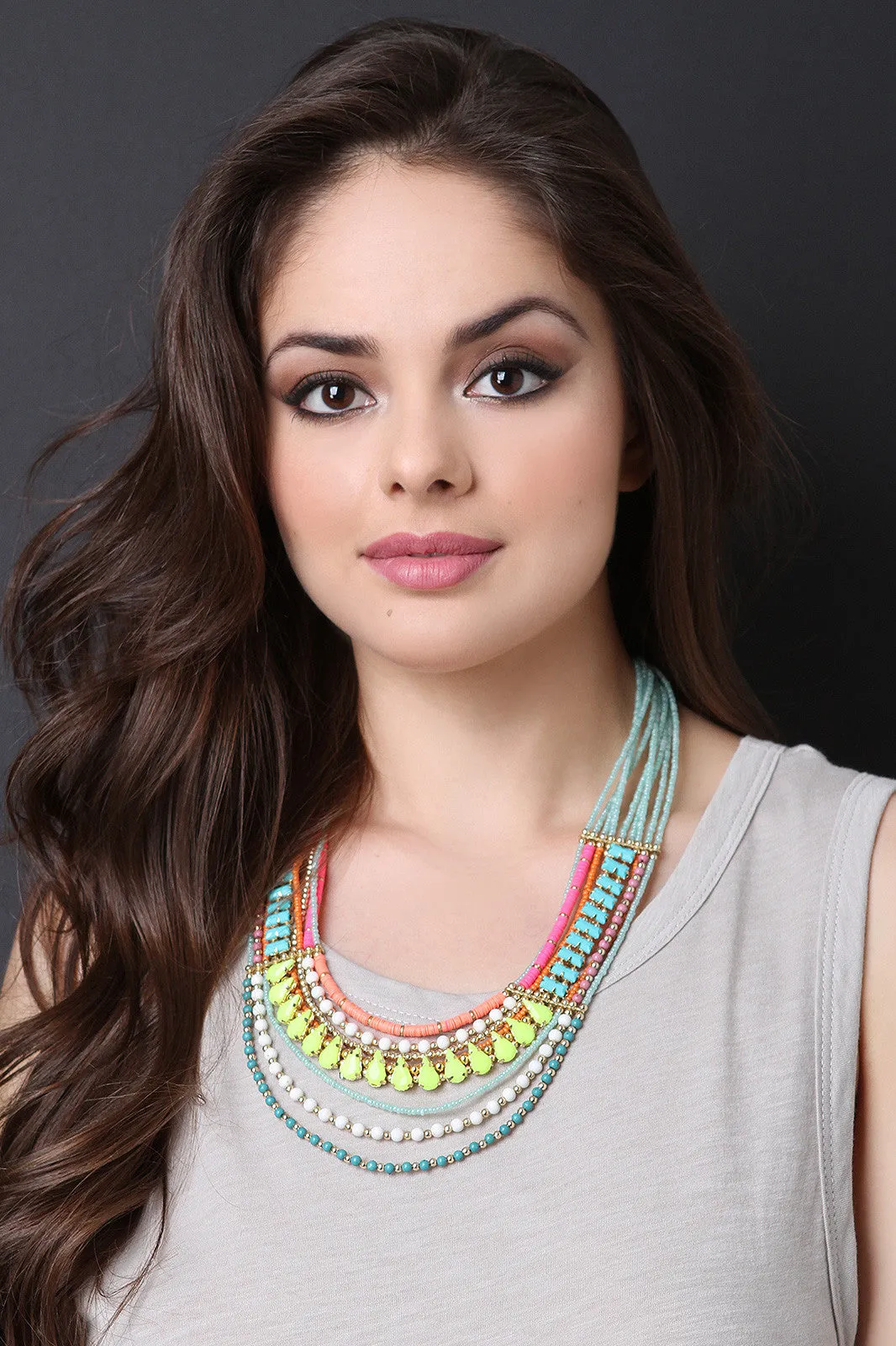 Colorful Beaded Rhinestone Layered Necklace