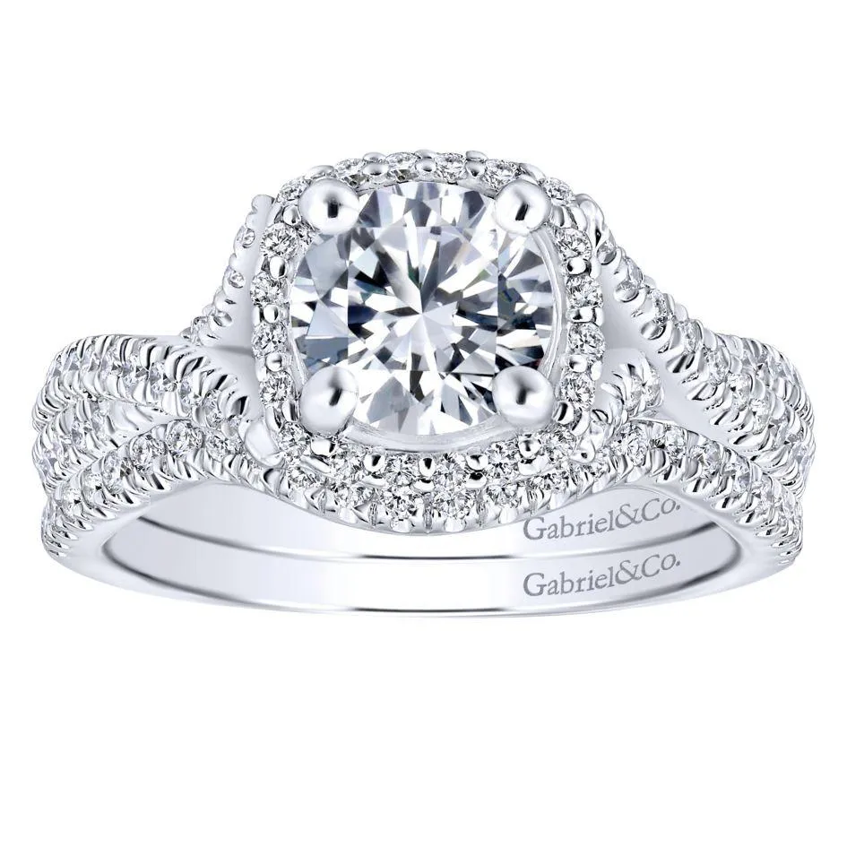 Crossover Double Shank Halo Diamond Ring 14K White Gold 364A