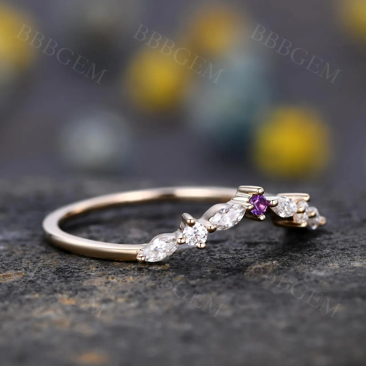 Curved Marquise Round Cut Moissanite Wedding Band Amethyst Stone Rose Gold