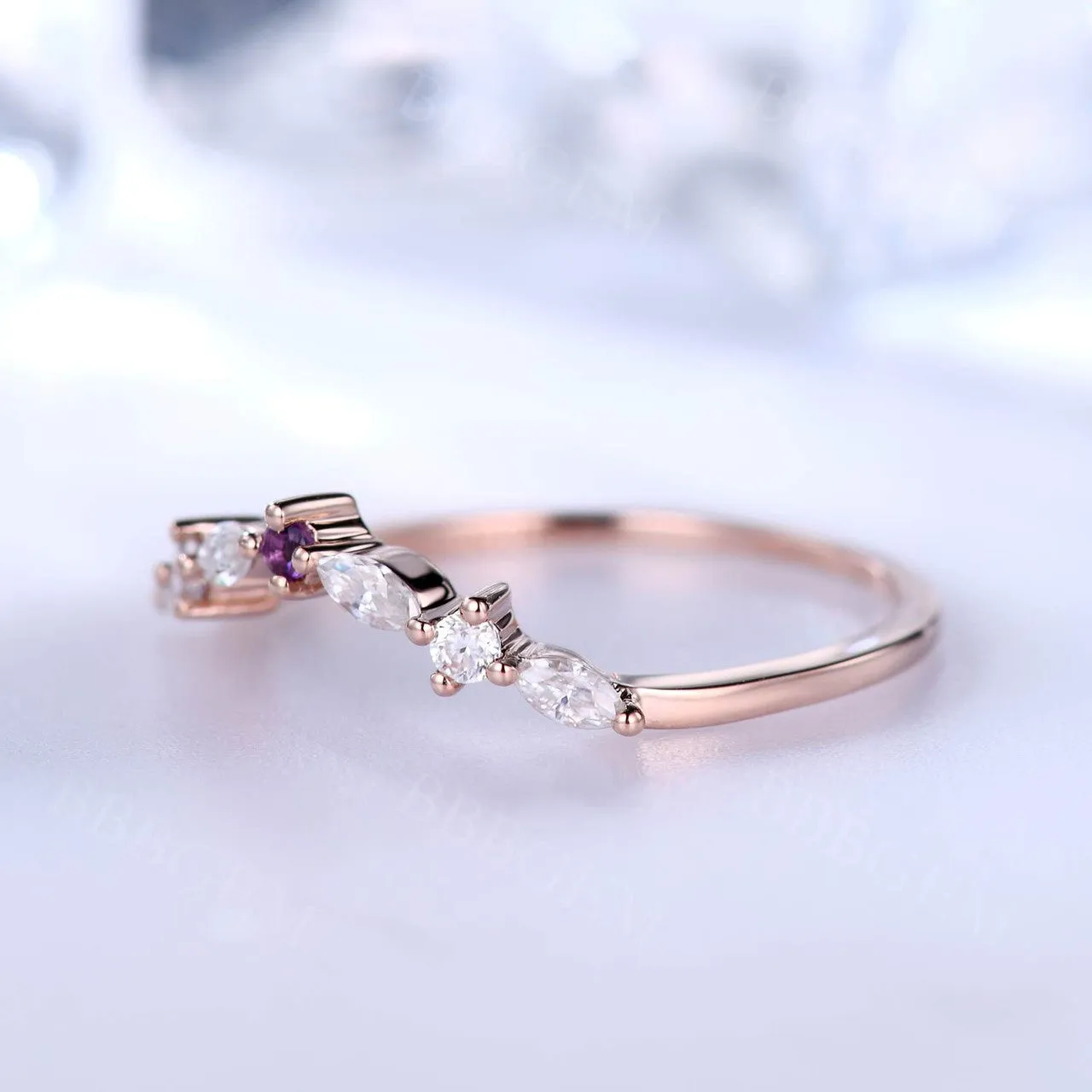 Curved Marquise Round Cut Moissanite Wedding Band Amethyst Stone Rose Gold