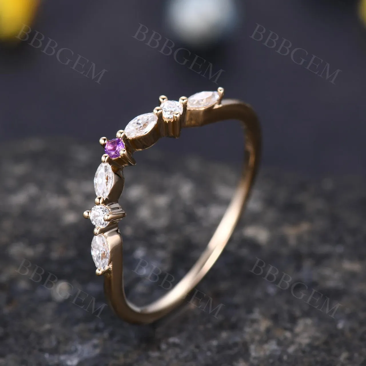 Curved Marquise Round Cut Moissanite Wedding Band Amethyst Stone Rose Gold