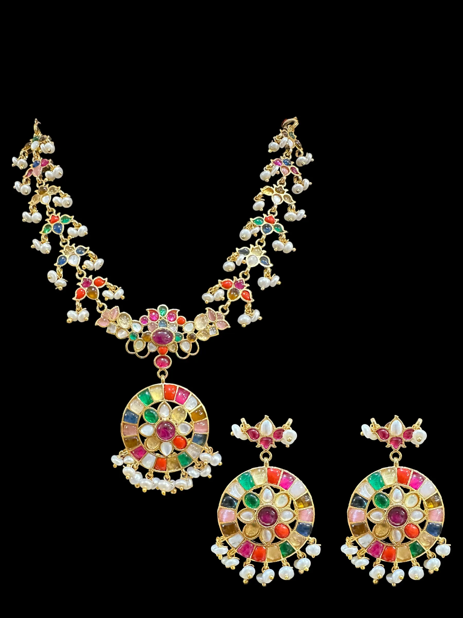 DNS18 Navratan necklace set in fresh water pearls    (READY TO SHIP)  )