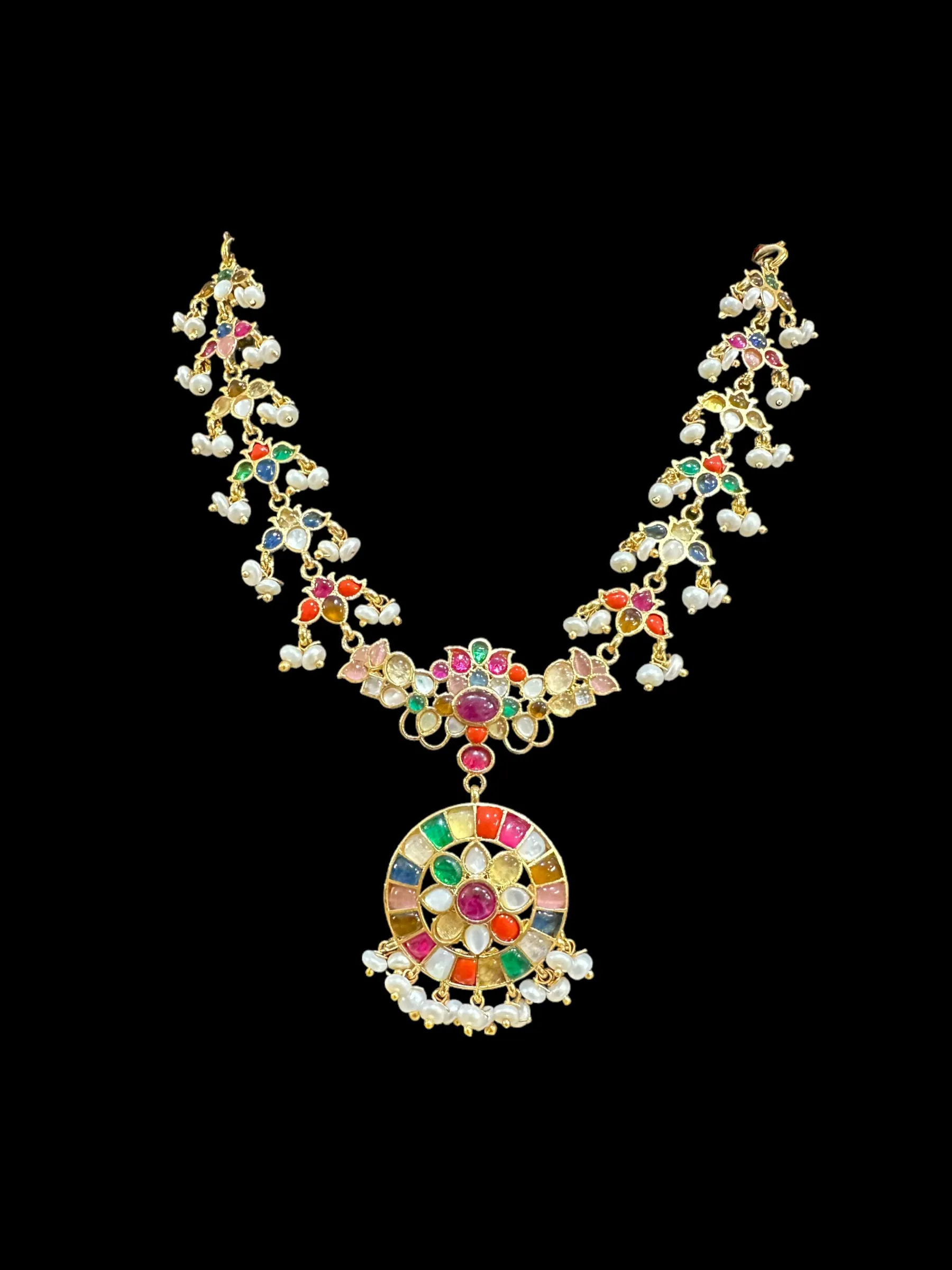 DNS18 Navratan necklace set in fresh water pearls    (READY TO SHIP)  )