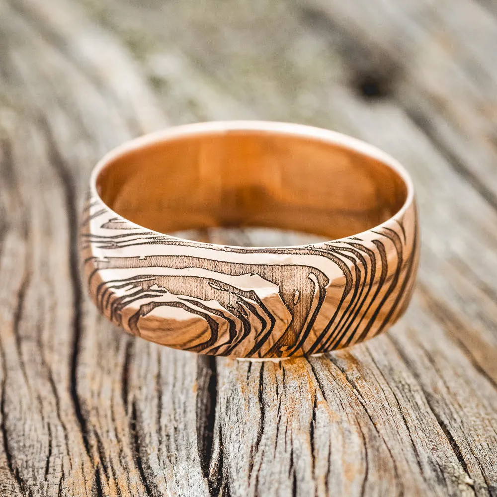 DOMED WOODGRAIN WEDDING BAND - 14K ROSE GOLD - SIZE 10 3/4