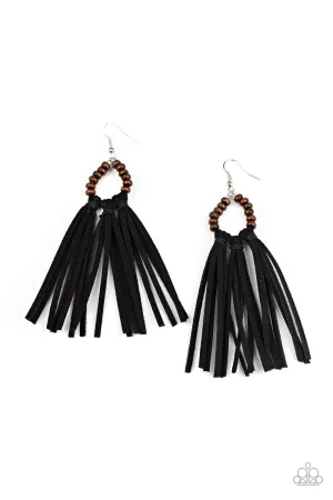 Easy To PerSUEDE Wood and Black Suede Tassel Earrings - Paparazzi Accessories