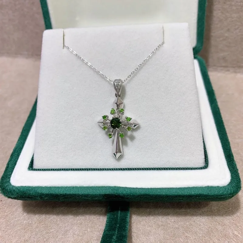 Elegant Green Diopside & CZ Cross Pendant in 925 Silver for Women - Enhance Your Look with Natural Gemstones