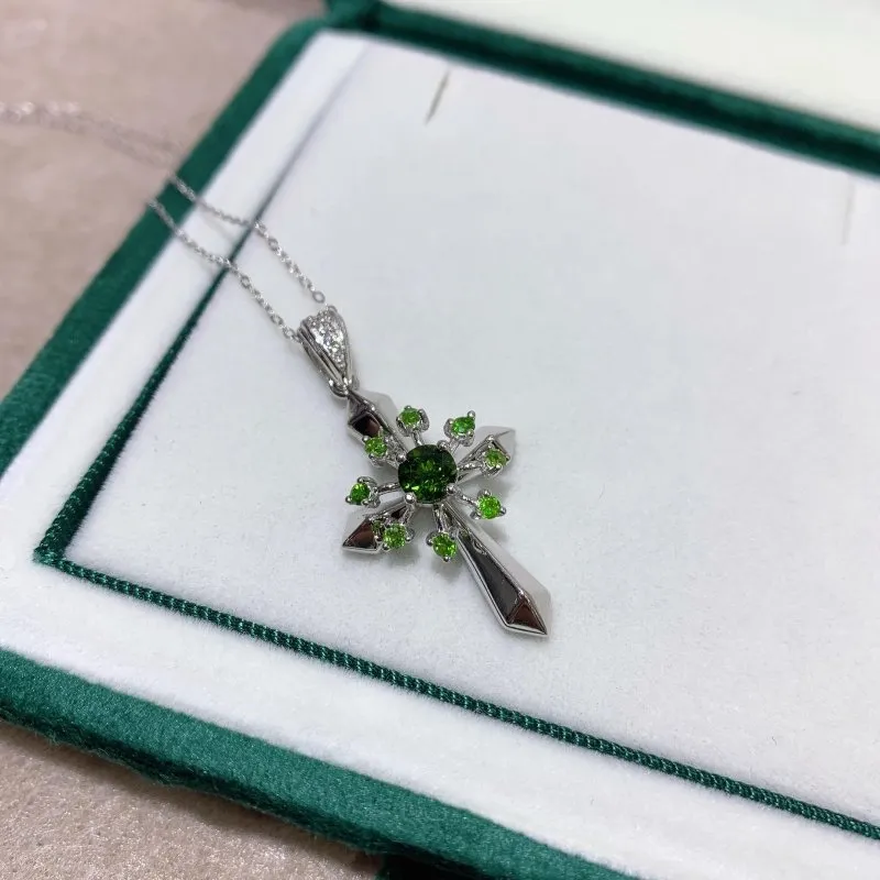 Elegant Green Diopside & CZ Cross Pendant in 925 Silver for Women - Enhance Your Look with Natural Gemstones