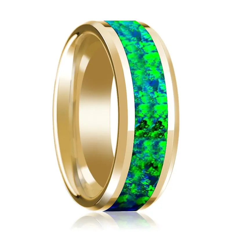 Emerald Green and Sapphire Blue Opal Inlaid Men's 14k Yellow Gold Wedding Band with Bevels - 8MM