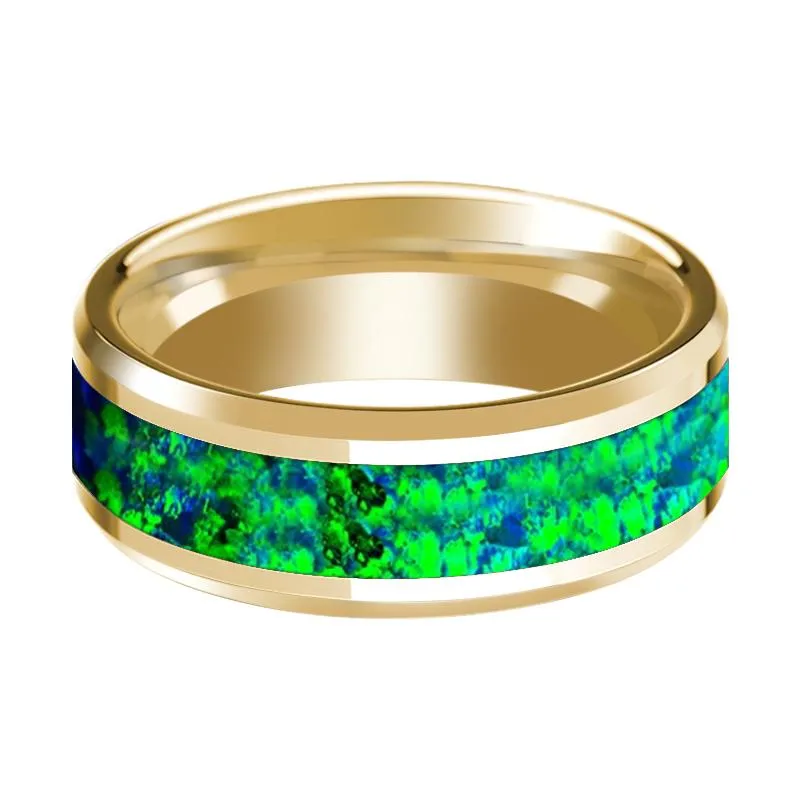 Emerald Green and Sapphire Blue Opal Inlaid Men's 14k Yellow Gold Wedding Band with Bevels - 8MM