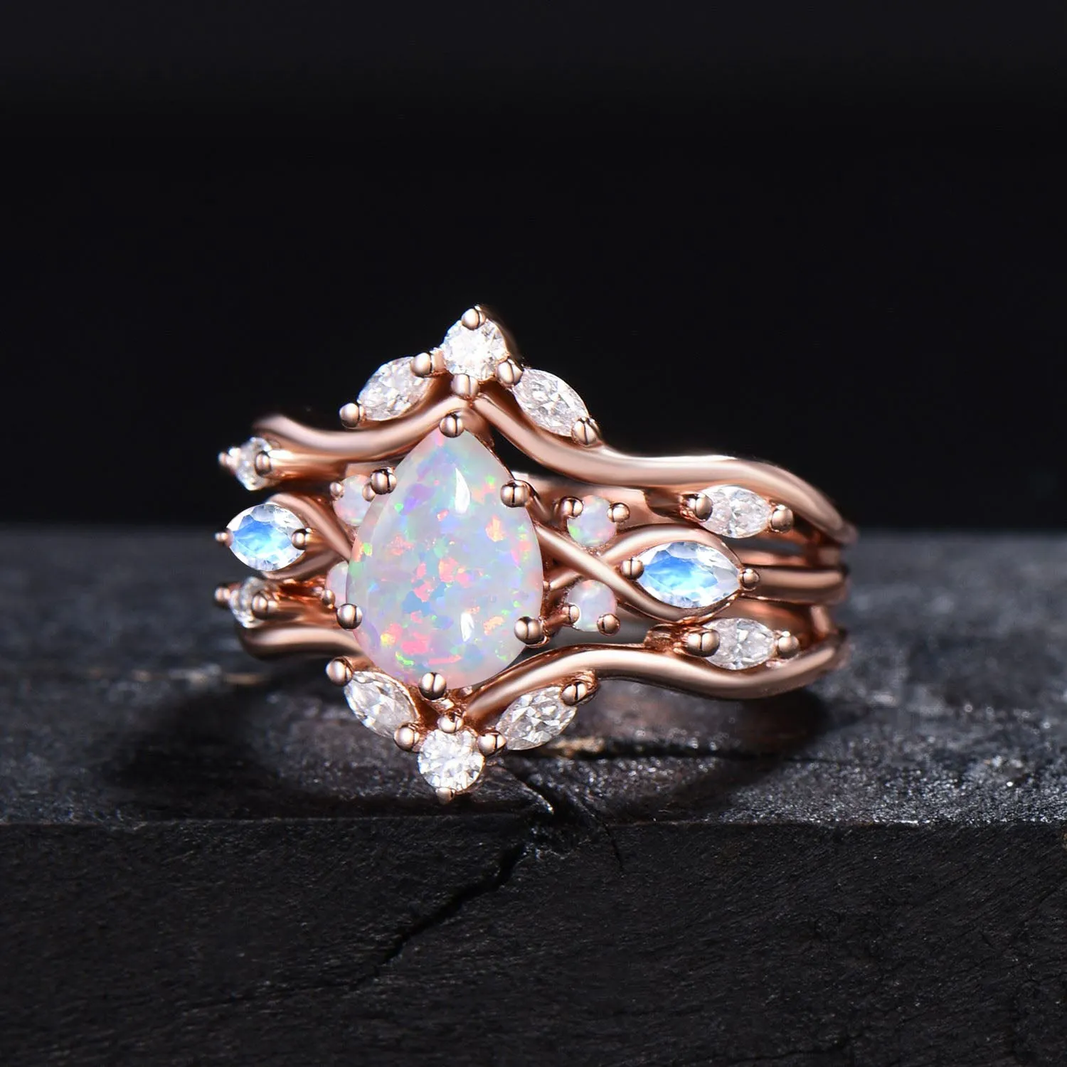 Enhancer Guard Opal Engagement Ring Vintage Teardrop White Opal Bridal Set Moissanite Ring Jacket Unique October Birthstone Proposal Gift