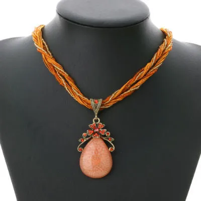 Ethnic Jewelry Bohemian Colorful Women Beads Imitation Water Nature Stone Pendant Necklace With Multilayer Chain Turkish Jewelry