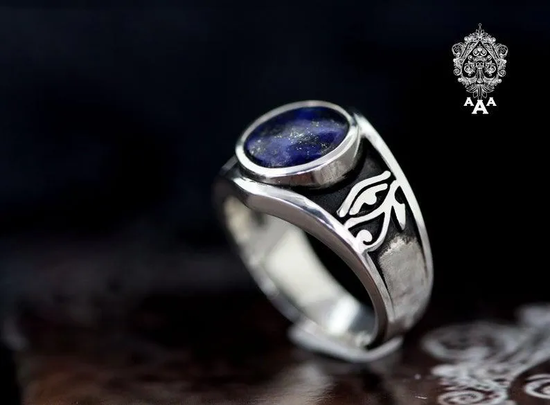 Eye of Horus Magick of Isis Lapis Lazuli Ring .925 Sterling Silver