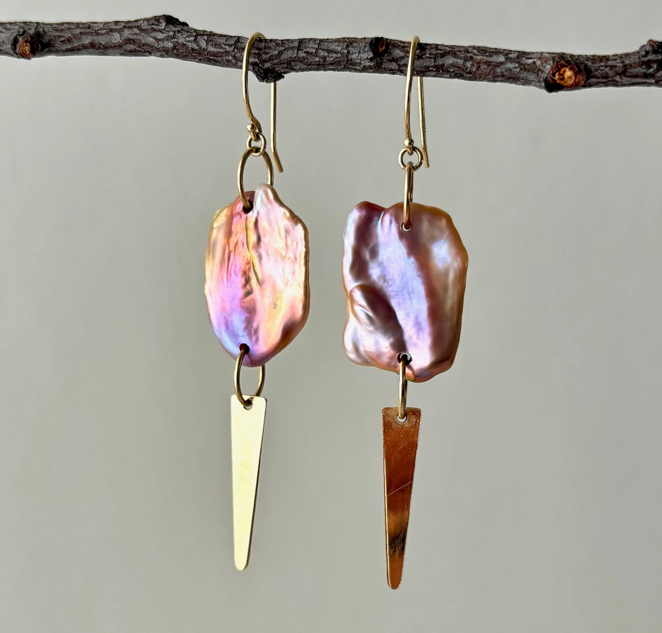 FEATHERWEIGHT PINK AND MAUVE FRESHWATER KESHI AND GOLD DAGGER EARRINGS IN 14K GOLD