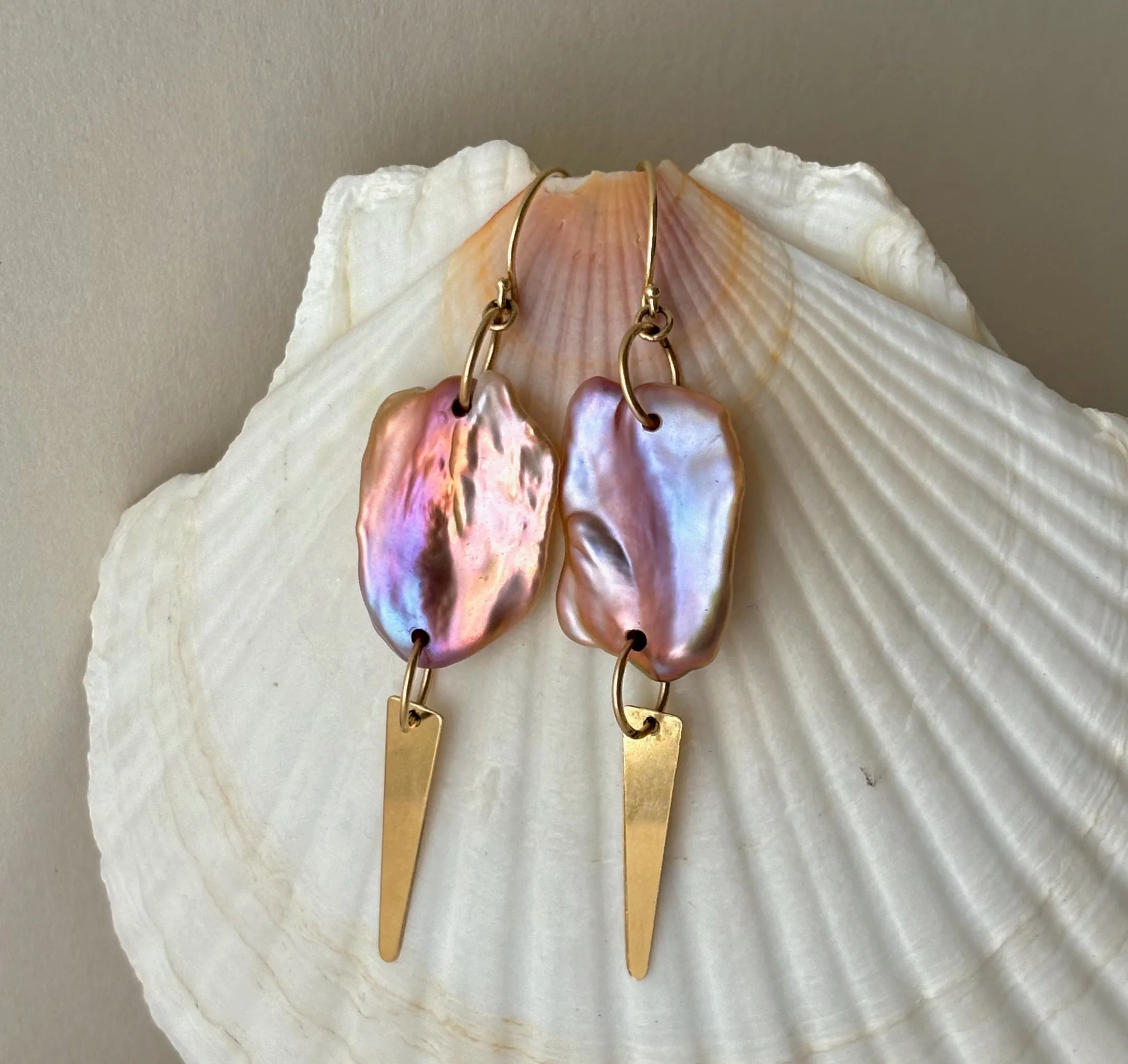 FEATHERWEIGHT PINK AND MAUVE FRESHWATER KESHI AND GOLD DAGGER EARRINGS IN 14K GOLD