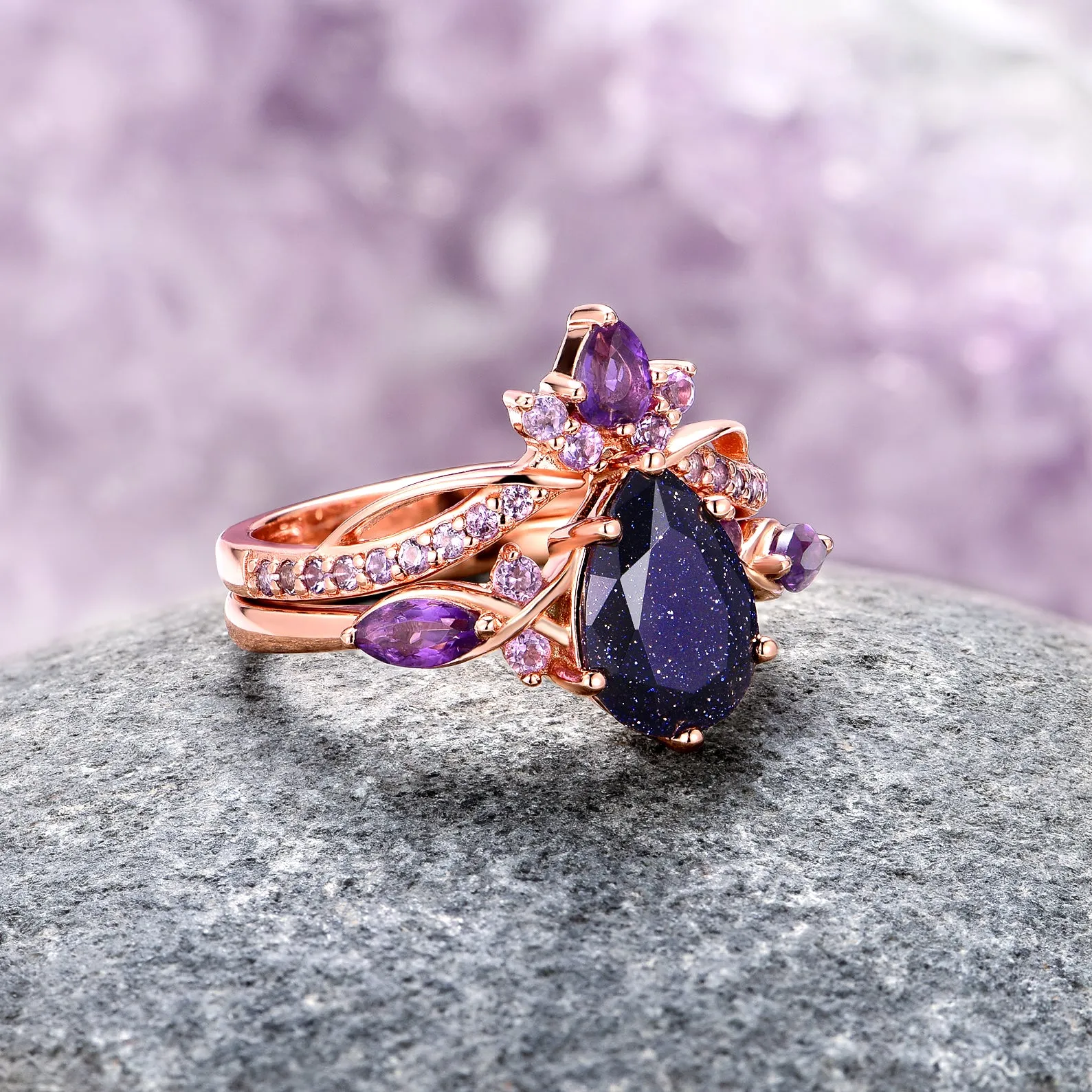 Feyre Starry Night & Amethyst Ring Set- 14K Rose Gold Vermeil