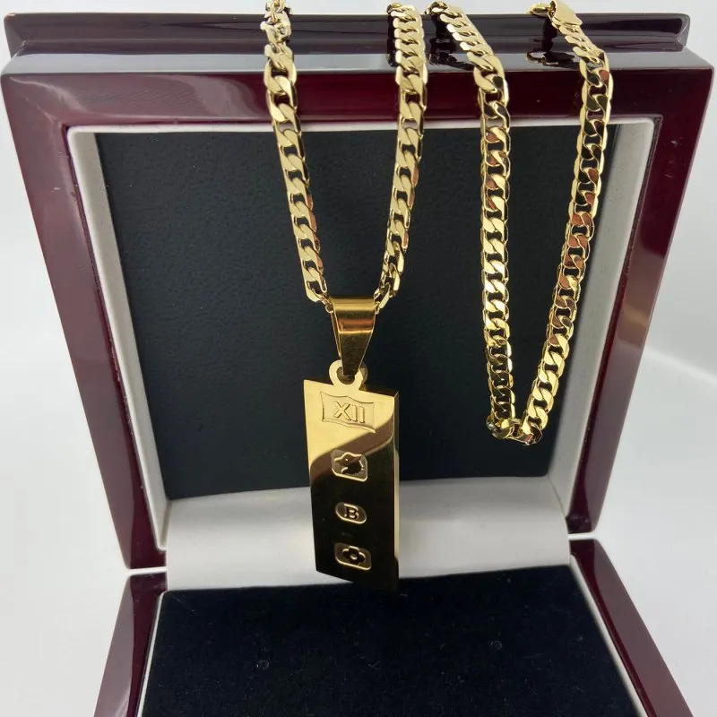 Gold Ingot Bar Pendant Necklace 24 Inch 4mm Cuban Chain