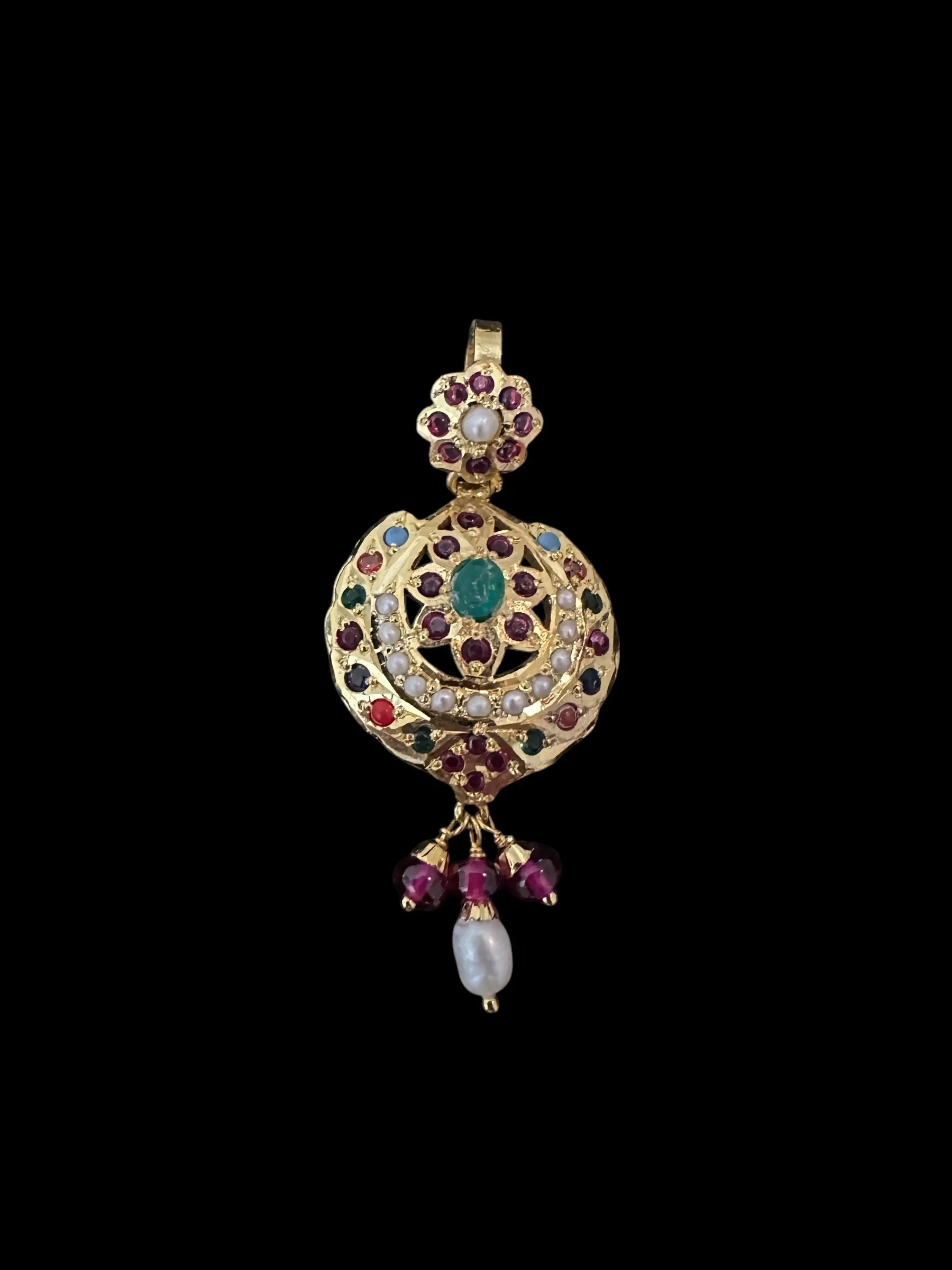 Gold plated pendant set in silver - Ruby emerald pearl ( READY TO SHIP )