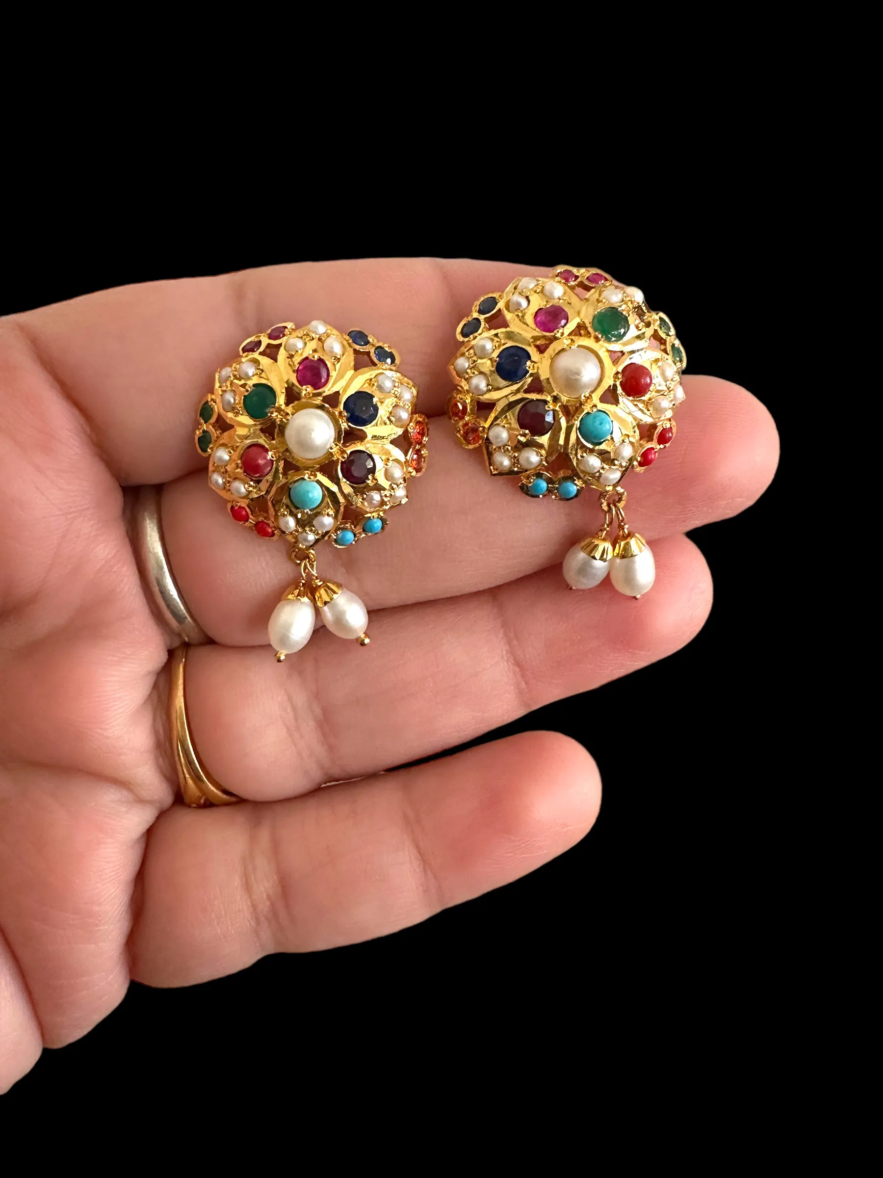 Gold plated silver earrings in multicolor with fresh water pearls ( READY TO SHIP)