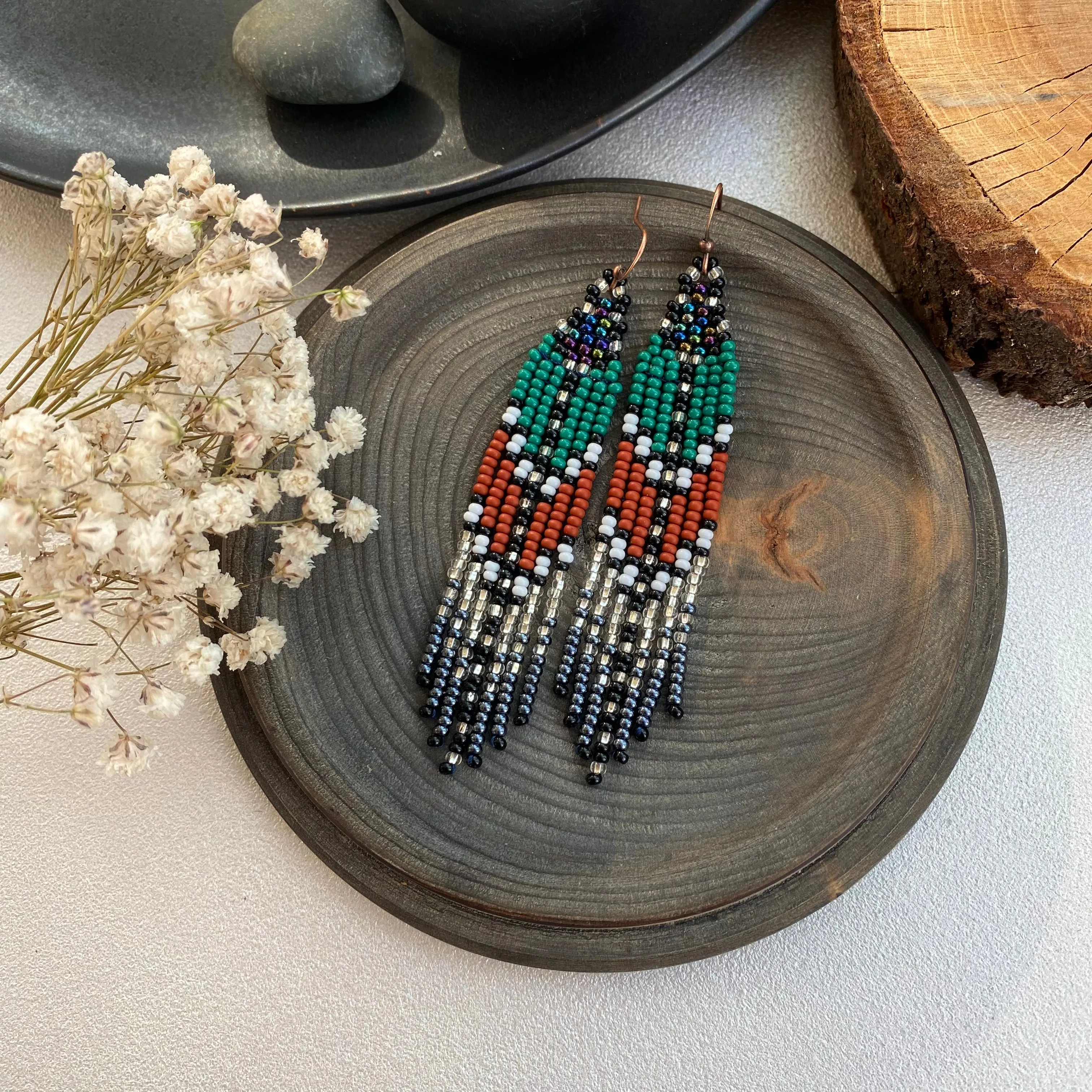 Green Brown Silver Seed Bead Fringe Earrings, Indigenous Native Inspired Earrings, Long Dangle Ethnic Earrings